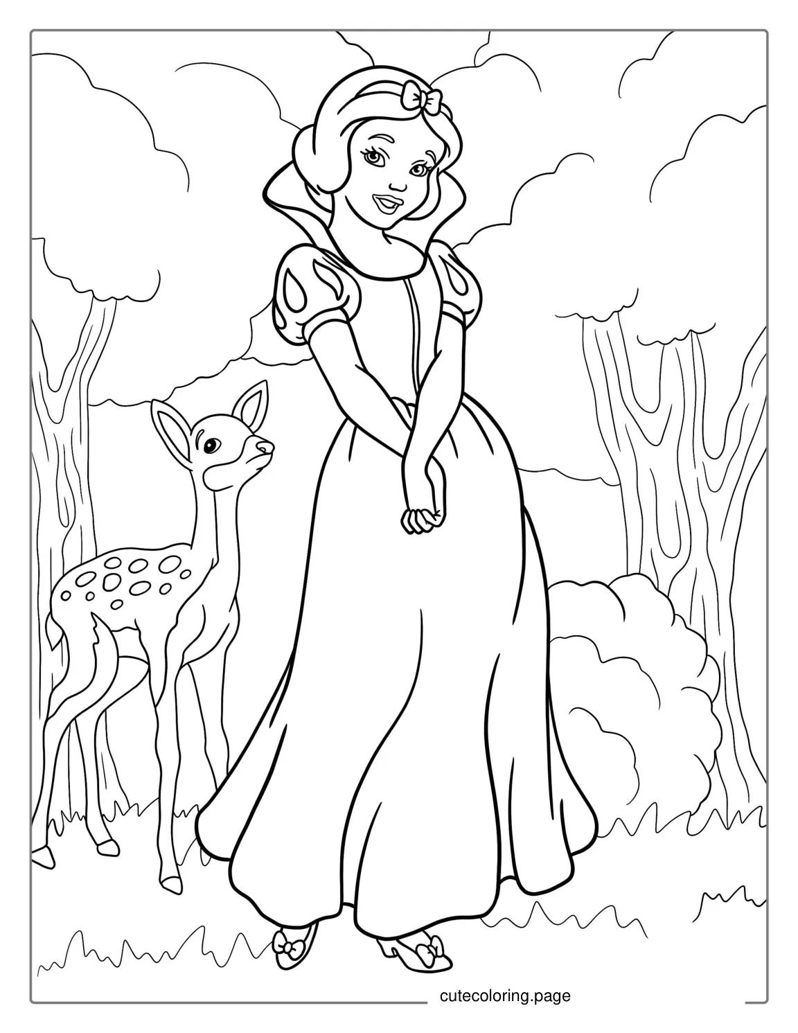 Snow White In Forest With Baby Deer To Color coloring page