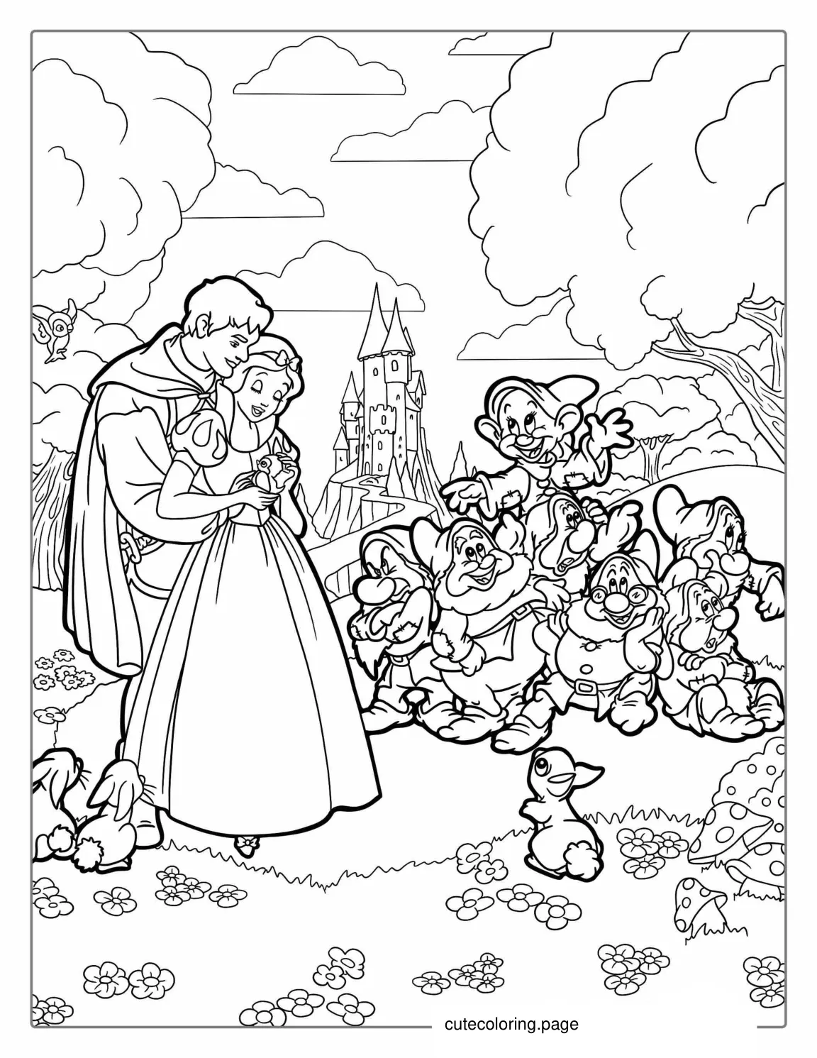 Snow White The Prince And Seven Dwarfs To Color coloring page