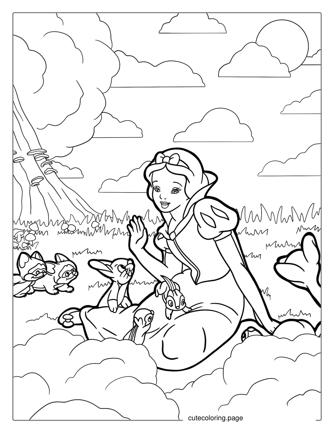 Snow White With Animals From The Forest To Color coloring page