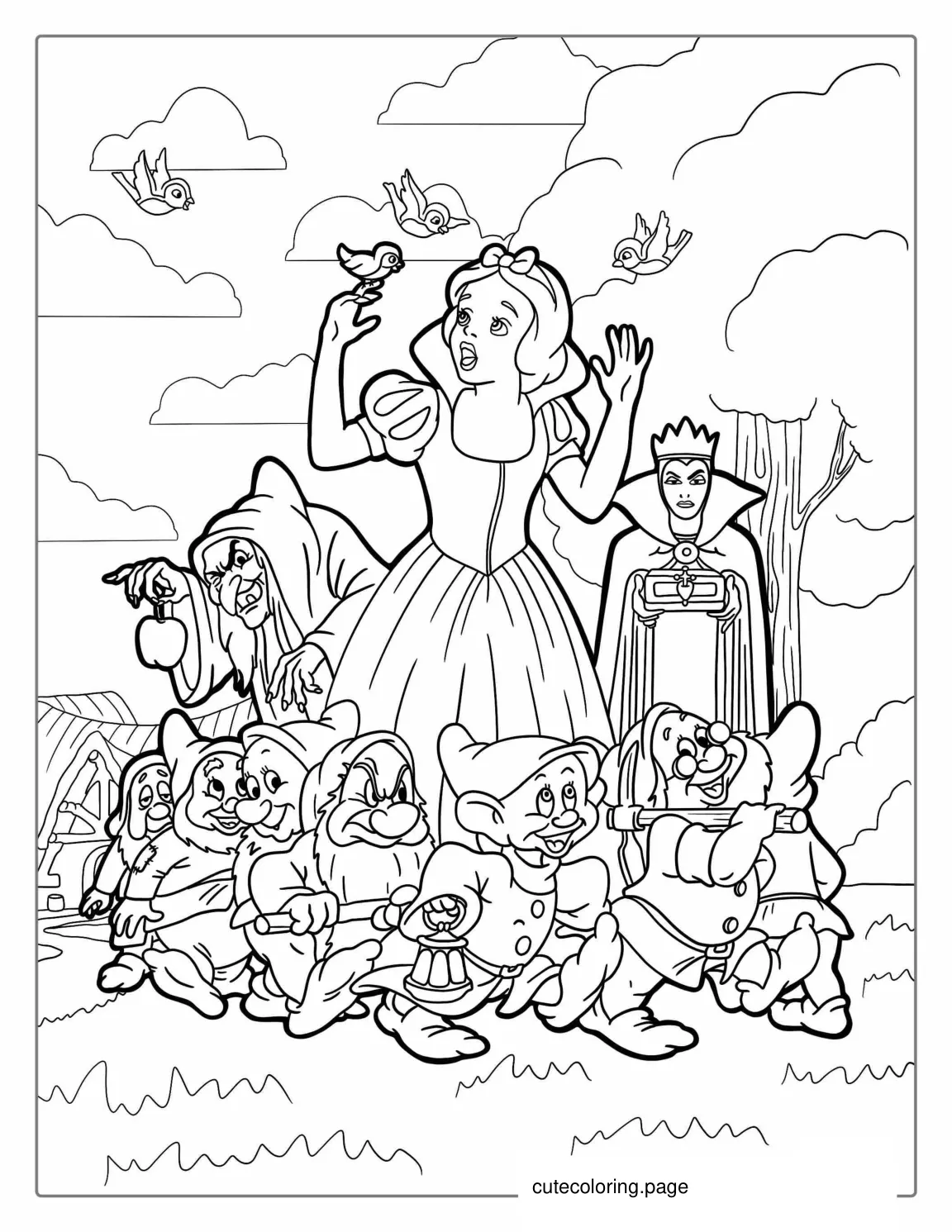 Snow With With Seven Dwarfs And Evil Queen To Color coloring page