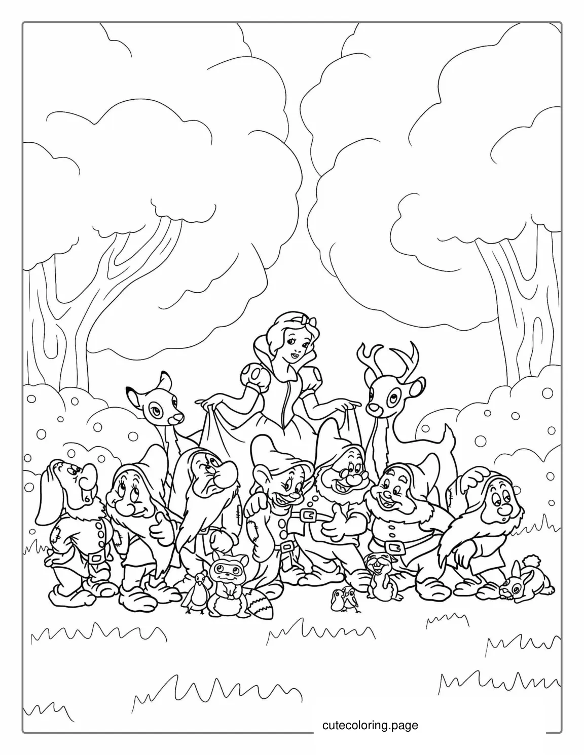 The Seven Dwarfs With Snow White To Color coloring page