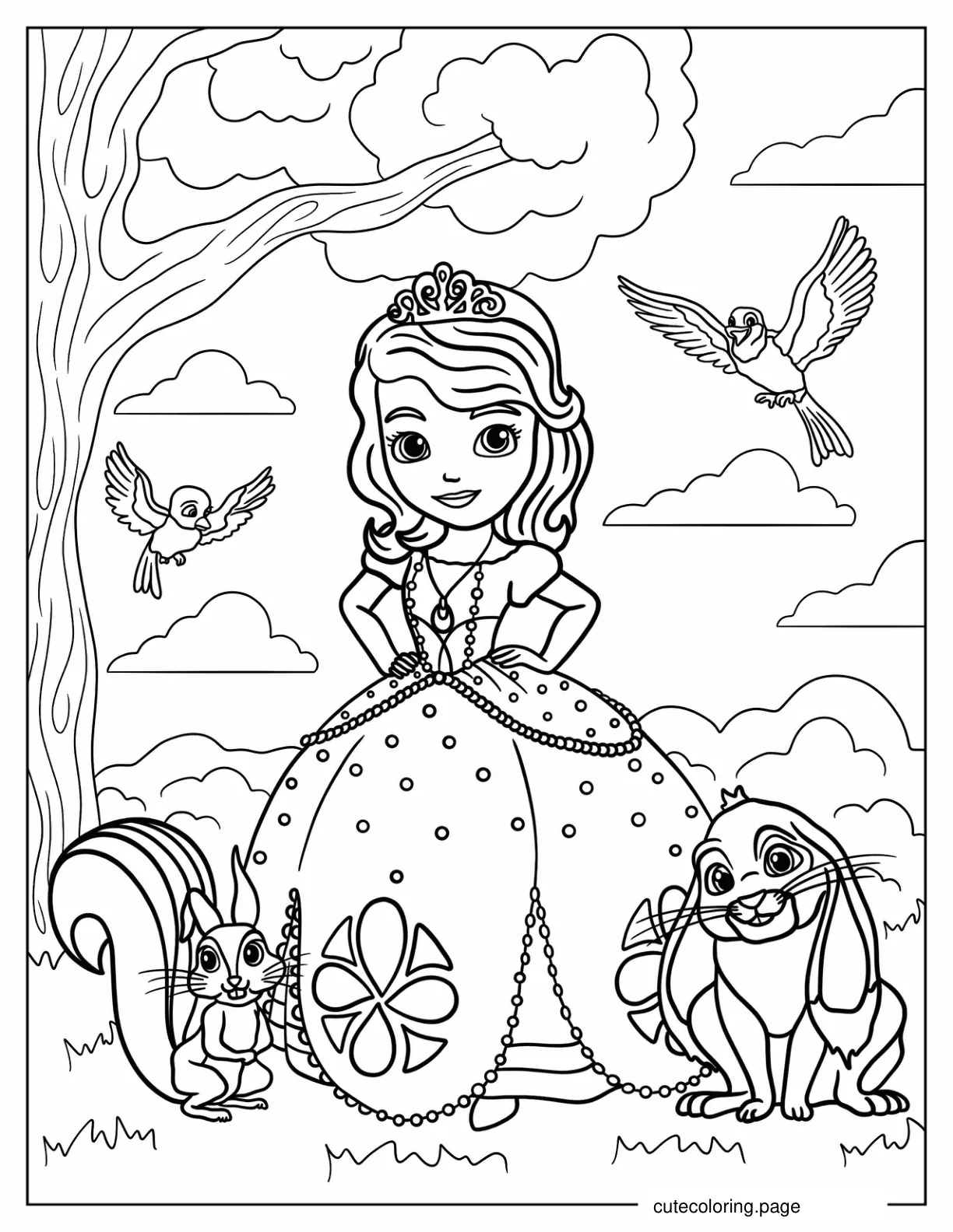 Princess Sofia In The Forest With Animal Friends coloring page