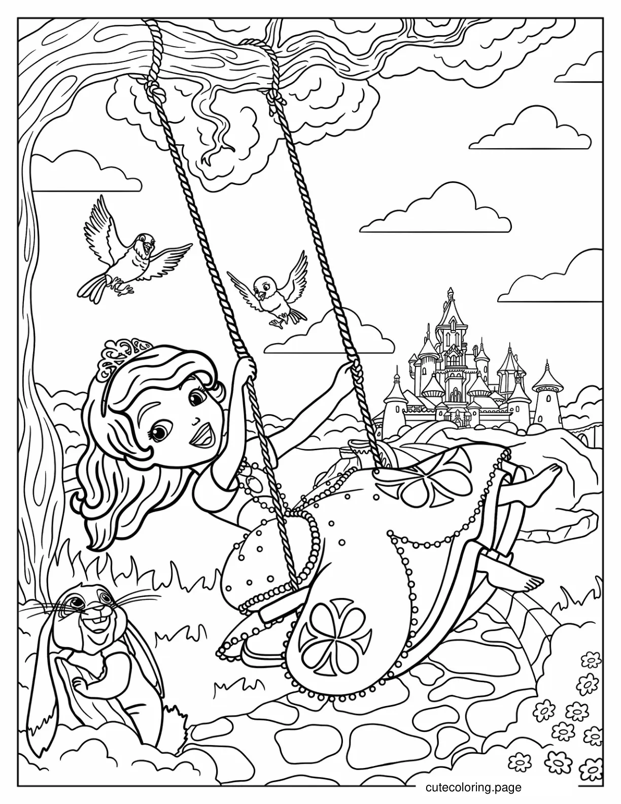 Sofia On The Swing With Clover Coloring Page coloring page