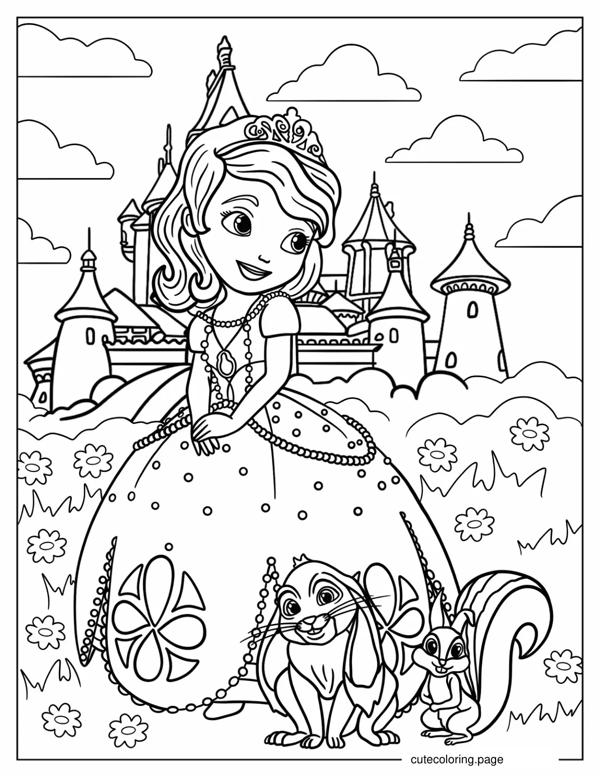 Sofia The First In Garden With Clover And Whatnaught coloring page