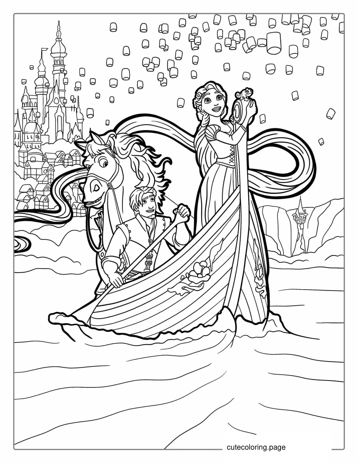 Rapunzel And Eugene In Boat With Lanterns To Color coloring page