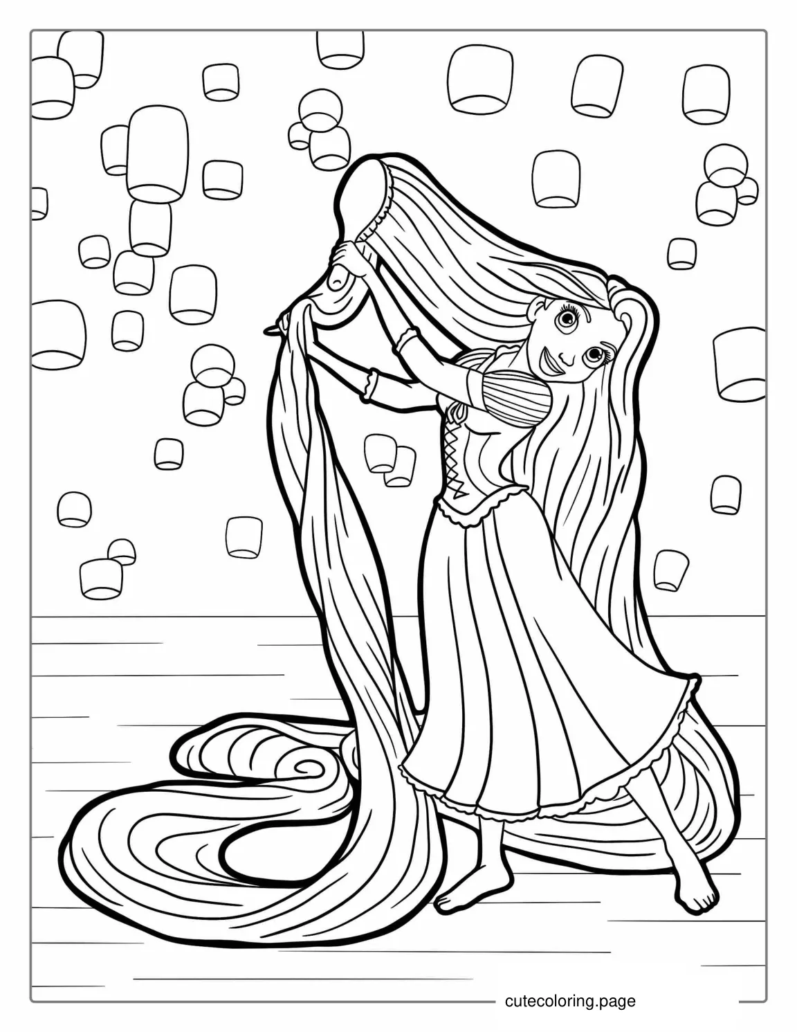 Rapunzel Brushing Hair With Lanterns In The Background coloring page