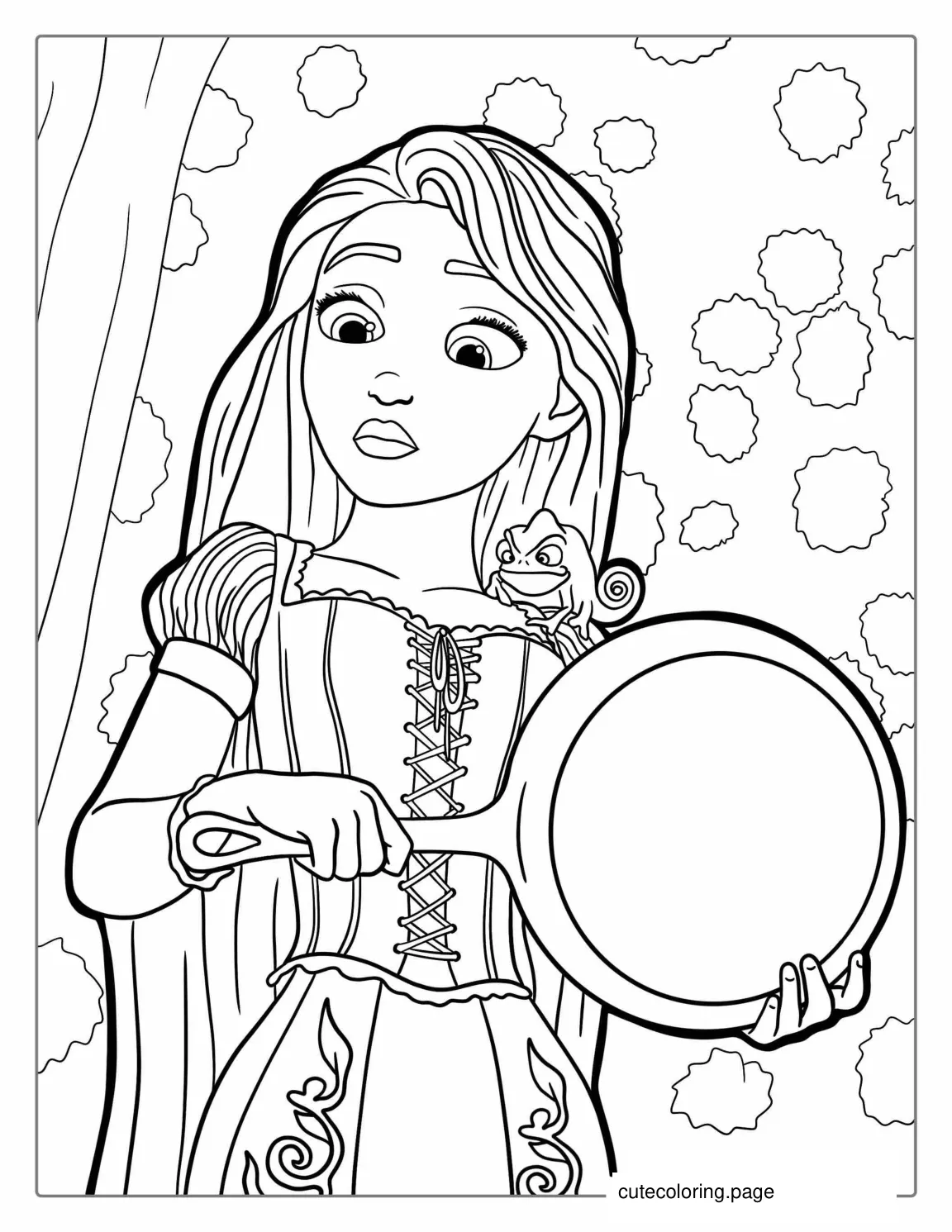 Rapunzel Holding Pan With Pascal To Color coloring page