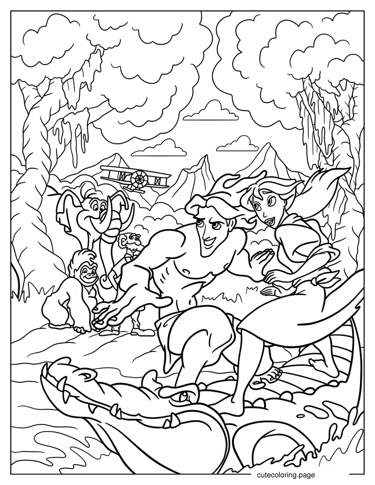 Tarzan And Jane Riding Crocodile In Jungle coloring page