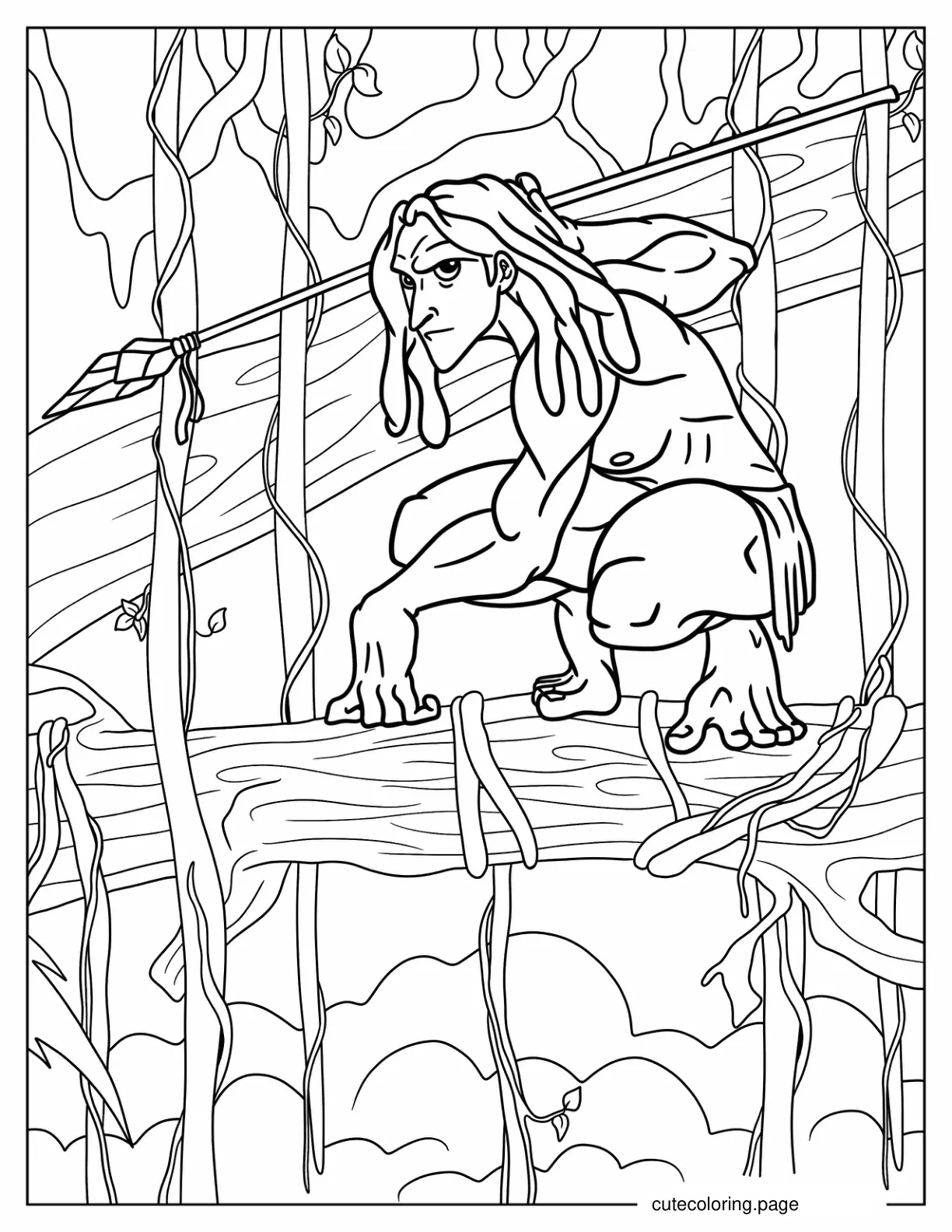 Tarzan Holding Spear While Crouched On Tree Branch coloring page