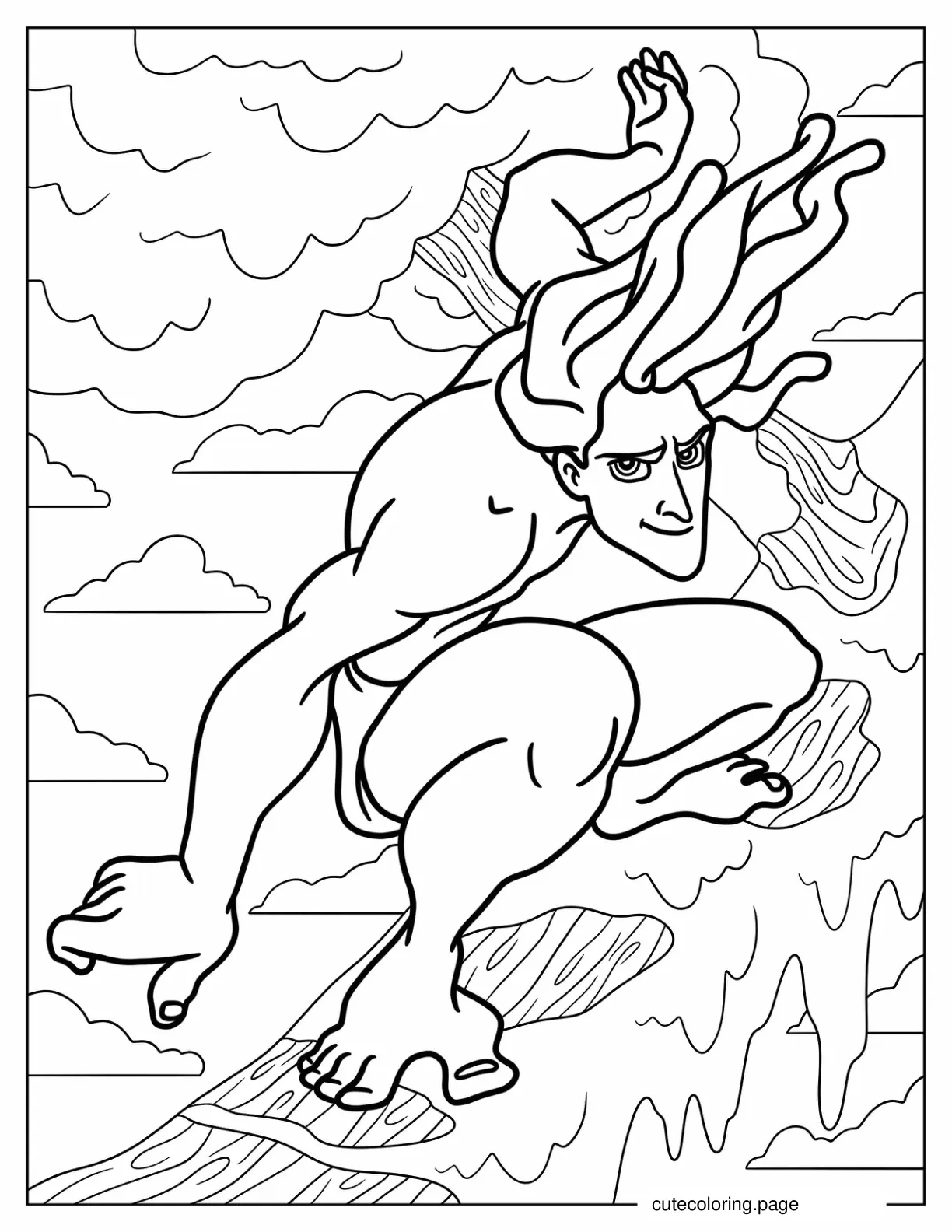 Tarzan Sliding Across Tree Branch Coloring Sheet coloring page