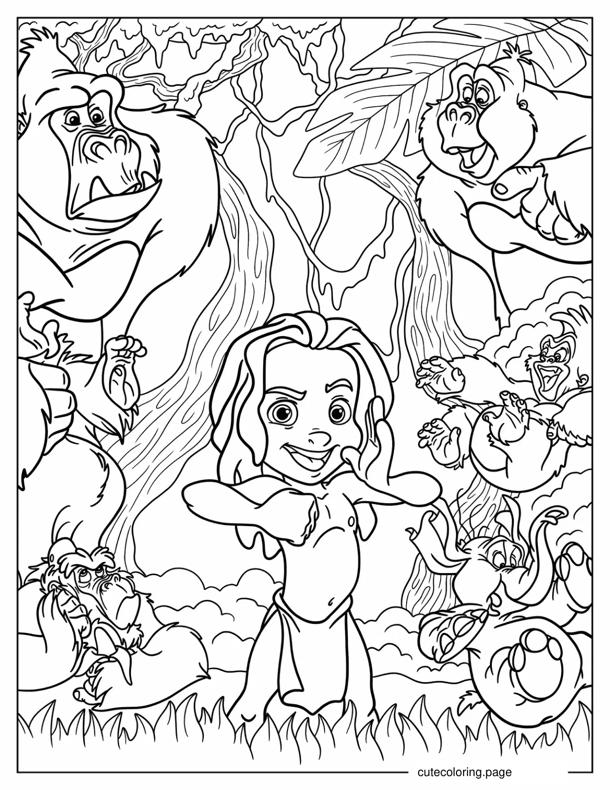 Young Tarzan Surrounded By Gorilla Family Coloring Page coloring page