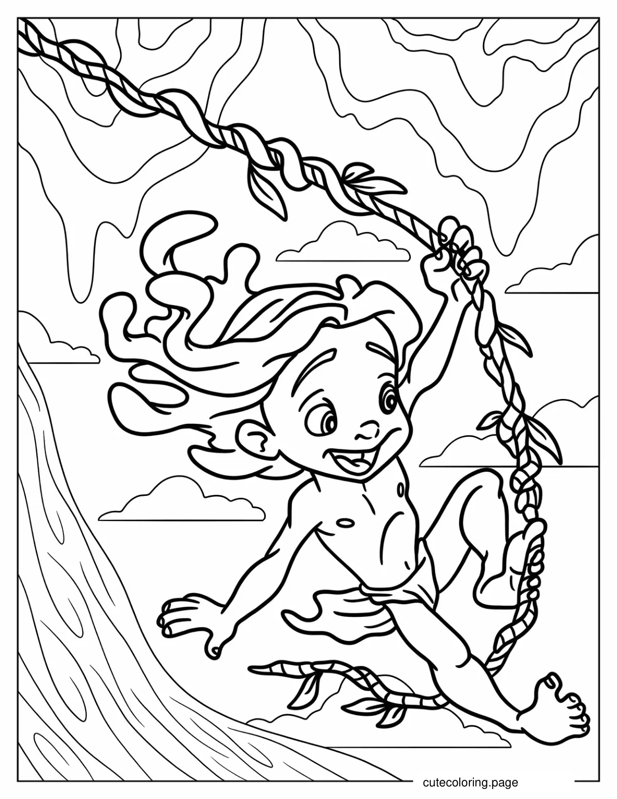 Young Tarzan Swinging On Vines Coloring Sheet coloring page