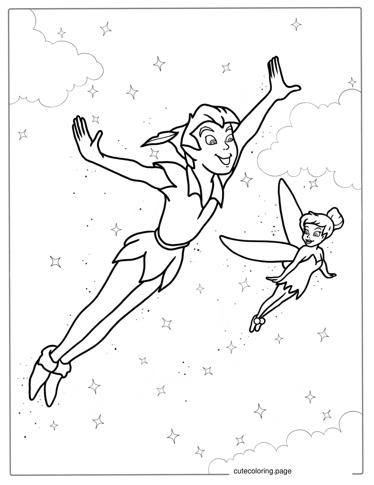 Peter Pan And Tinker Bell Flying In The Nigh Sky coloring page