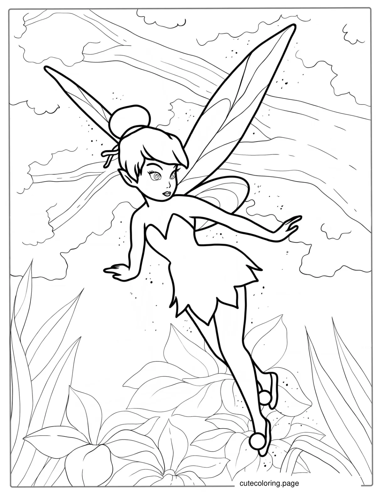 Tinker Bell Flying In Magical Forrest To Color coloring page