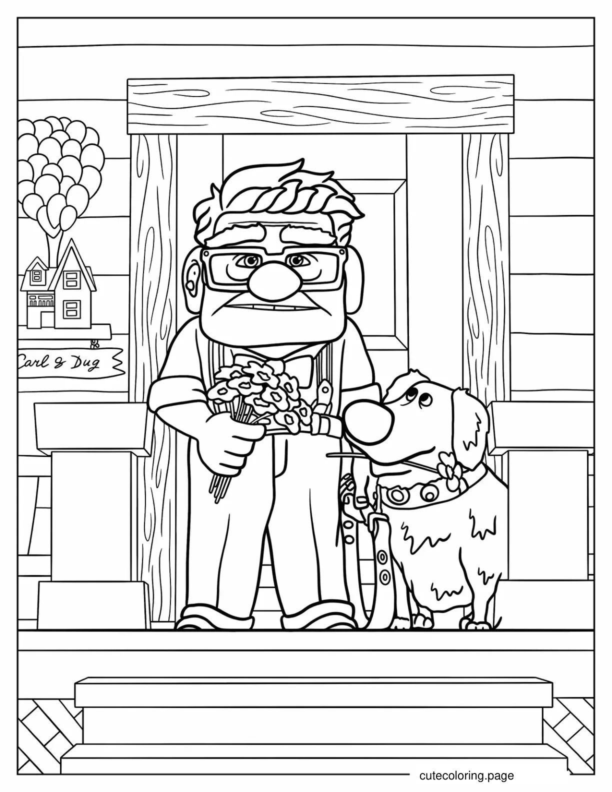 Carl And Dug Holding Flowers On Front Porch Up Coloring Sheet coloring page