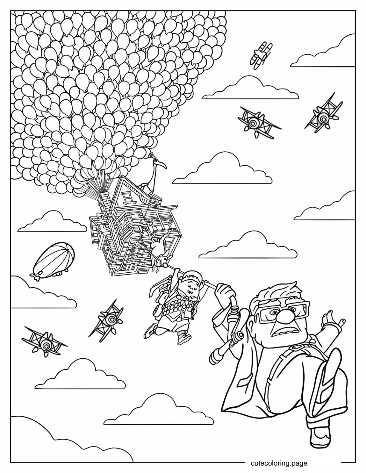 Carl And Russel Hanging From Flying House With Aircrafts In The Sky coloring page