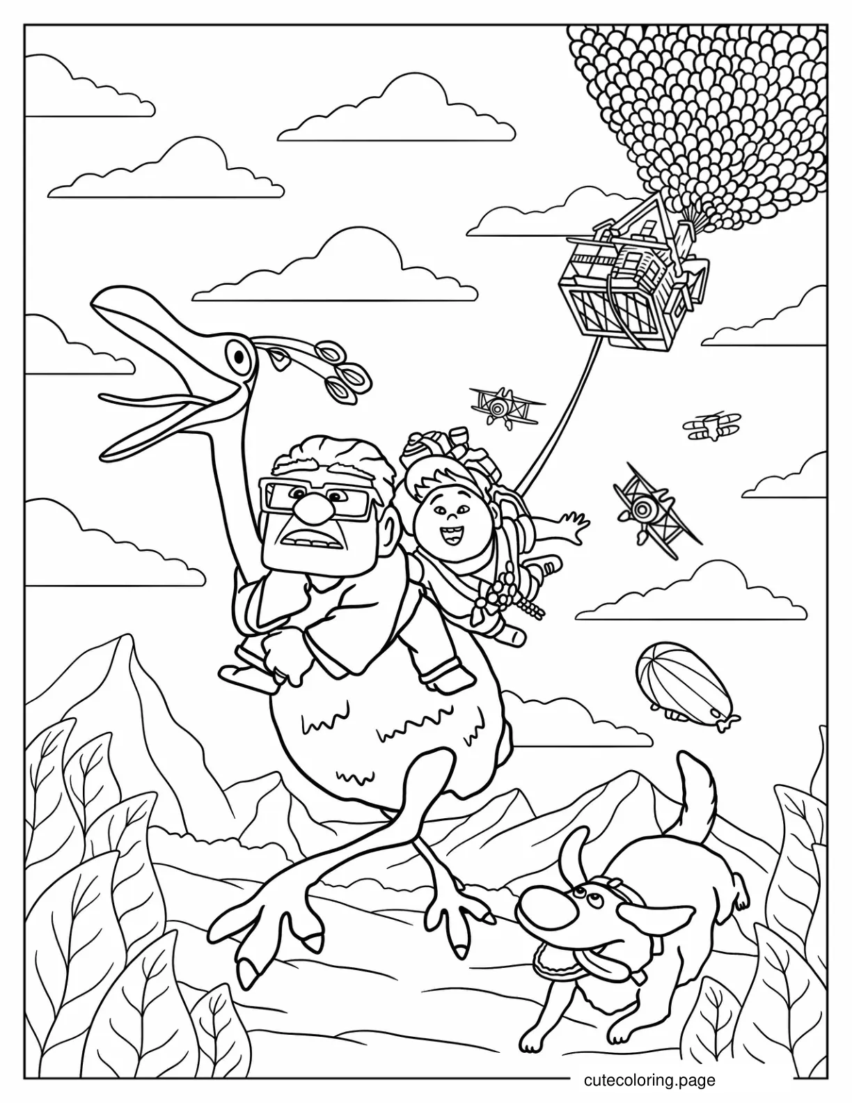 Carl And Russel Riding Kevin While Being Chased By Aircrafts coloring page