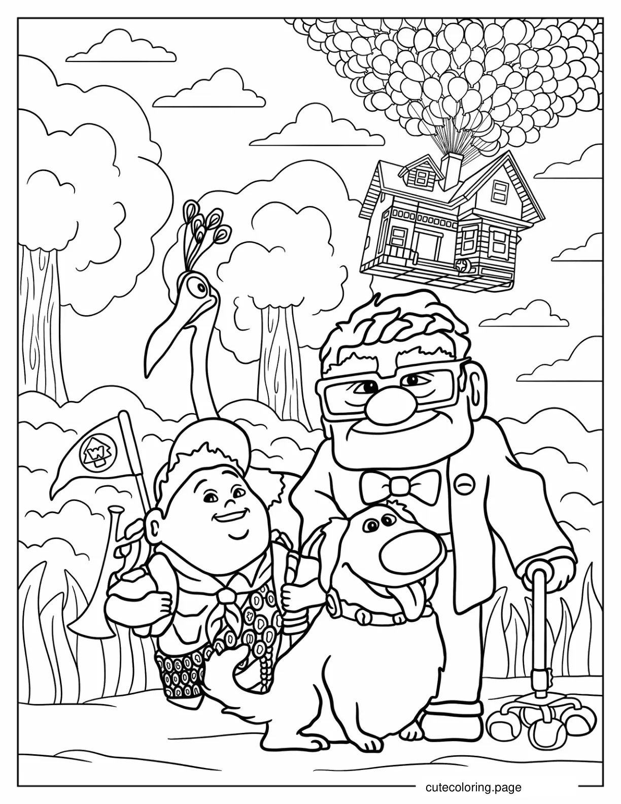 Carl Russel Dug And Kevin With House In The Sky Up Poster coloring page