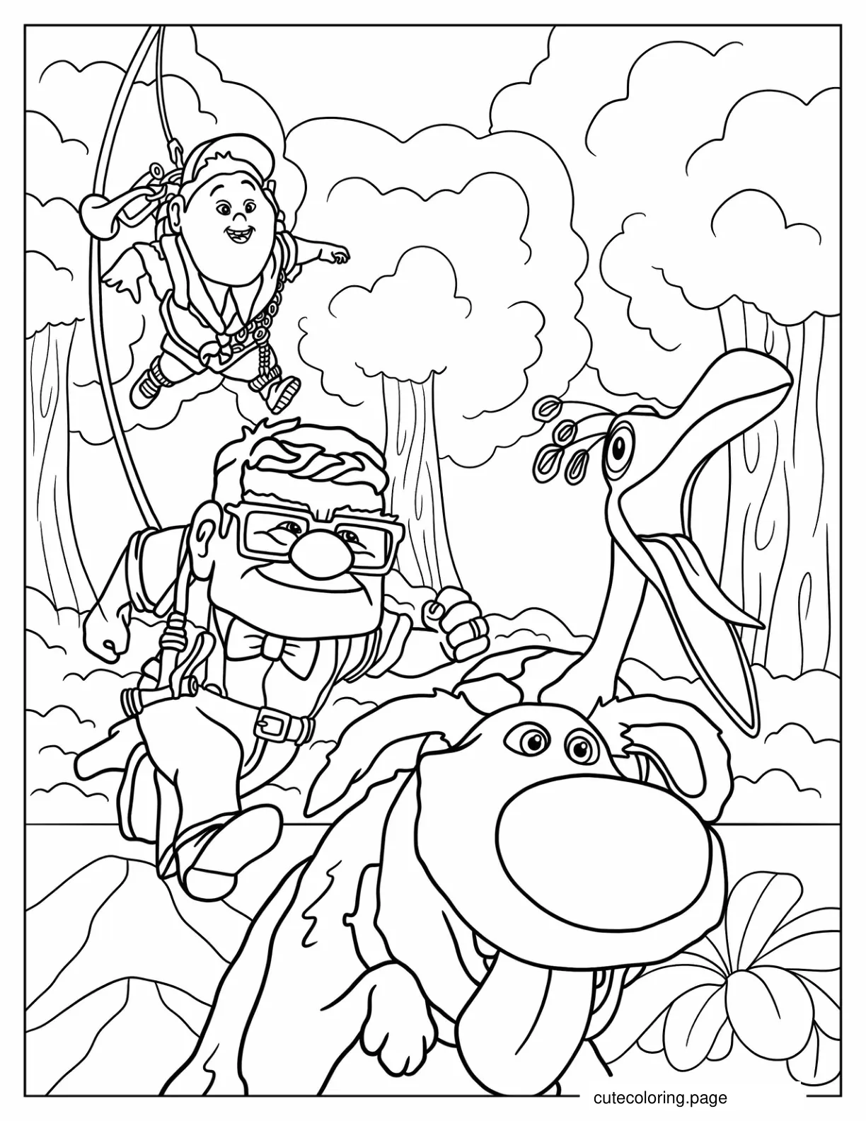 Carl Russel Kevin And Dug Running In Paradise Falls coloring page