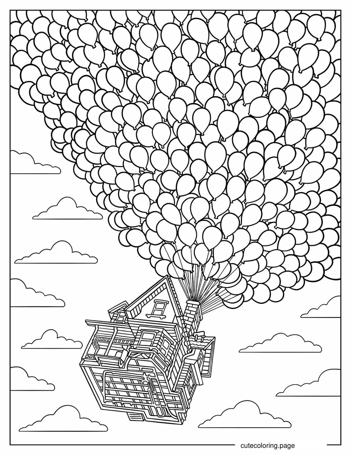 Up Flying House With Balloons Coloring Page coloring page