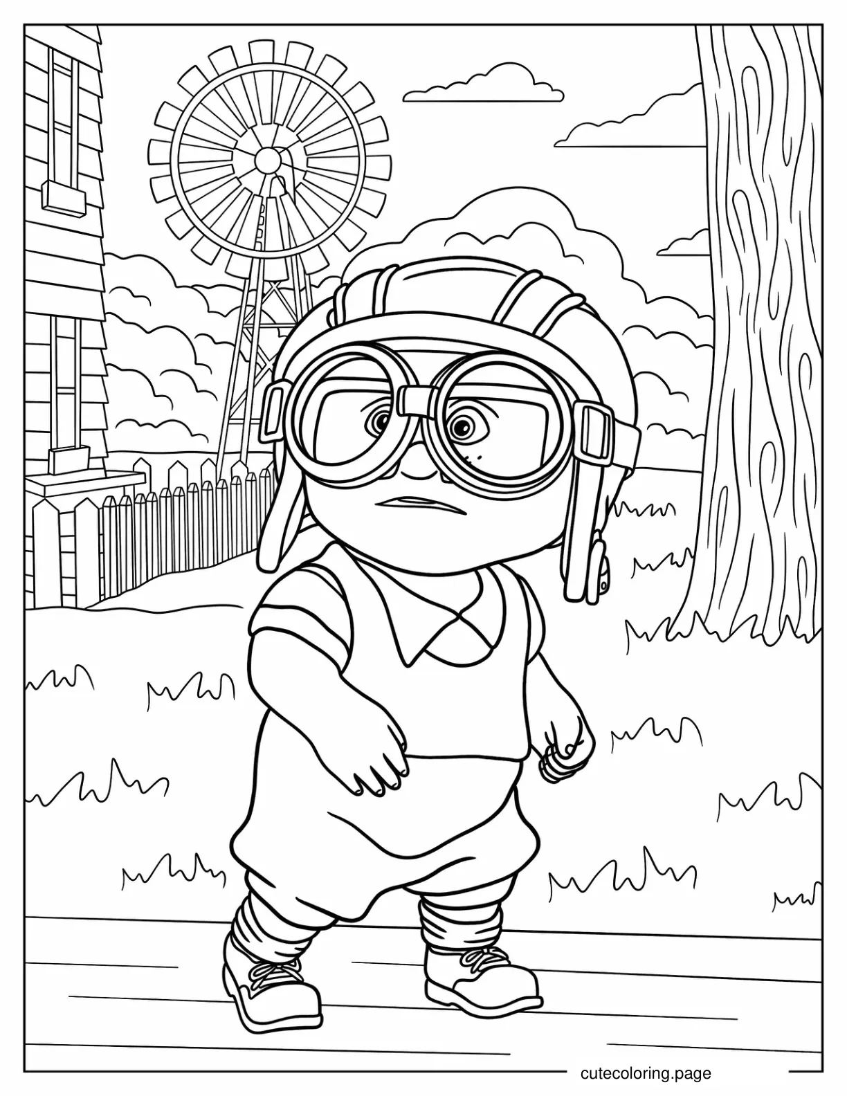 Young Carl From Up Wearing Aviator Helmet And Goggles Coloring Page coloring page