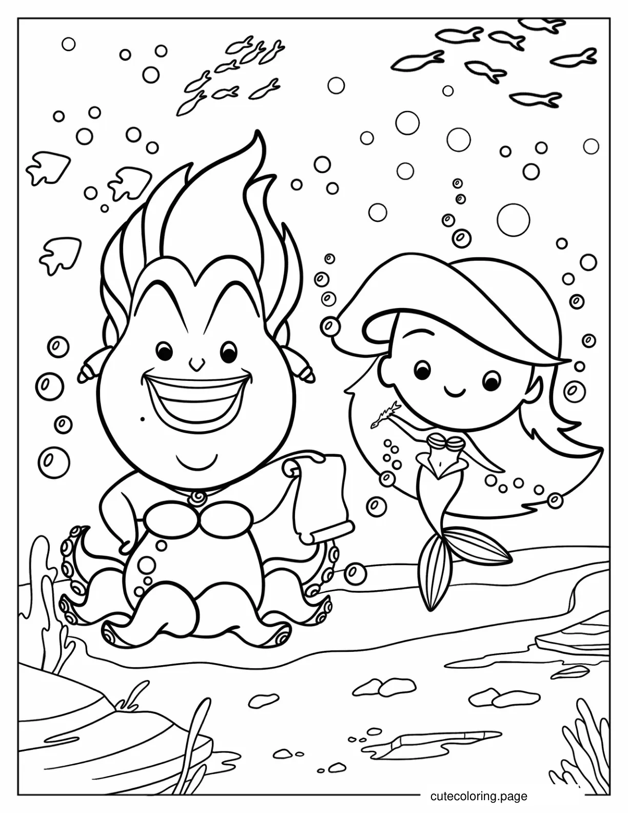 Cute Ursula And Areal Underwater Coloring Page For Preschoolers coloring page