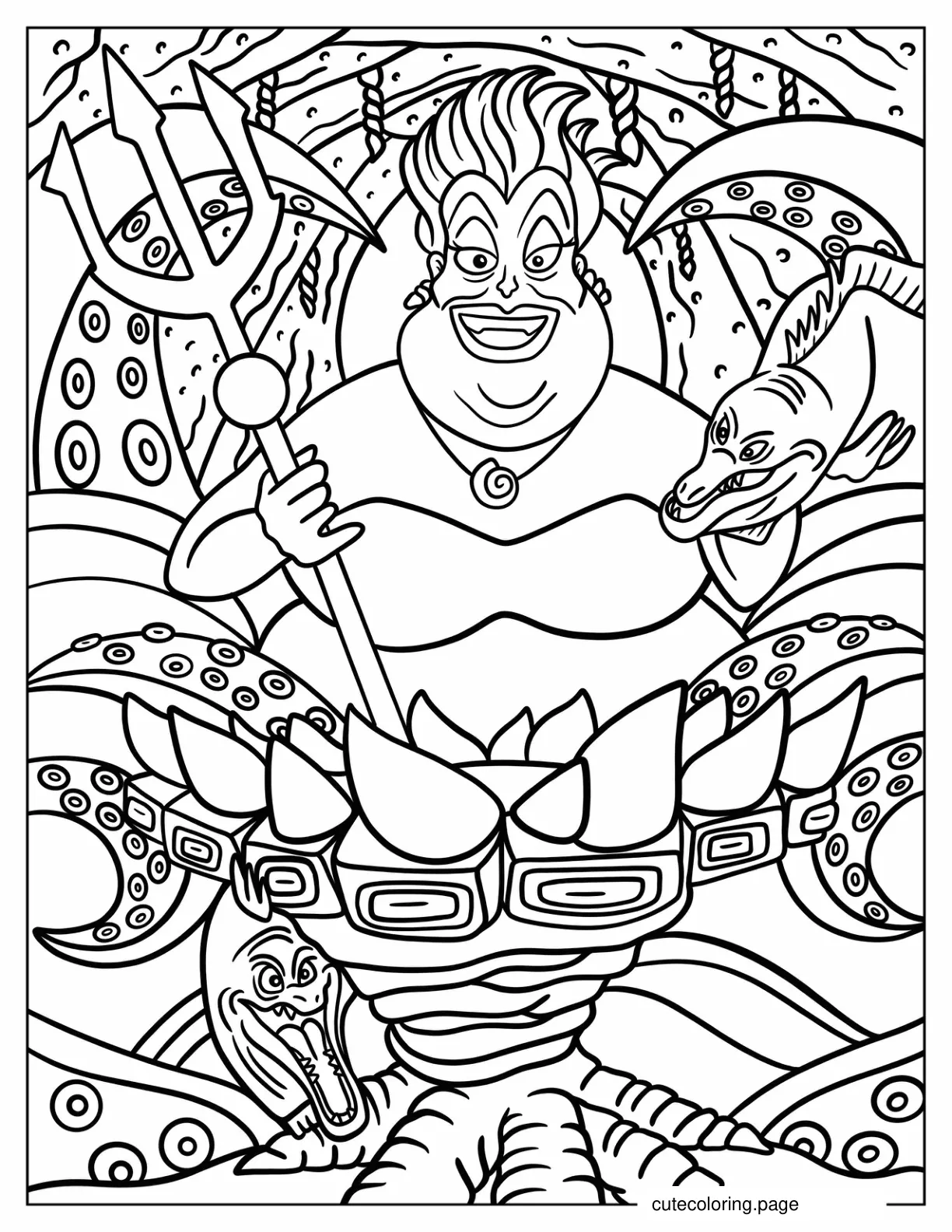 Detailed Ursula With Flotsam And Jetsam In Her Throne Coloring Page coloring page