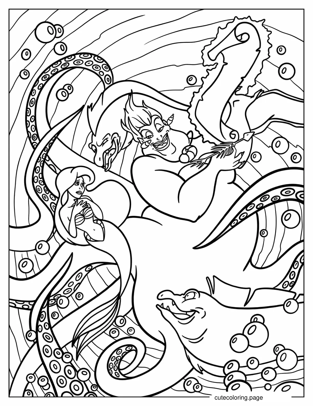 Scary Ursula With Flotsam And Jetsam Making Contract With Ariel coloring page