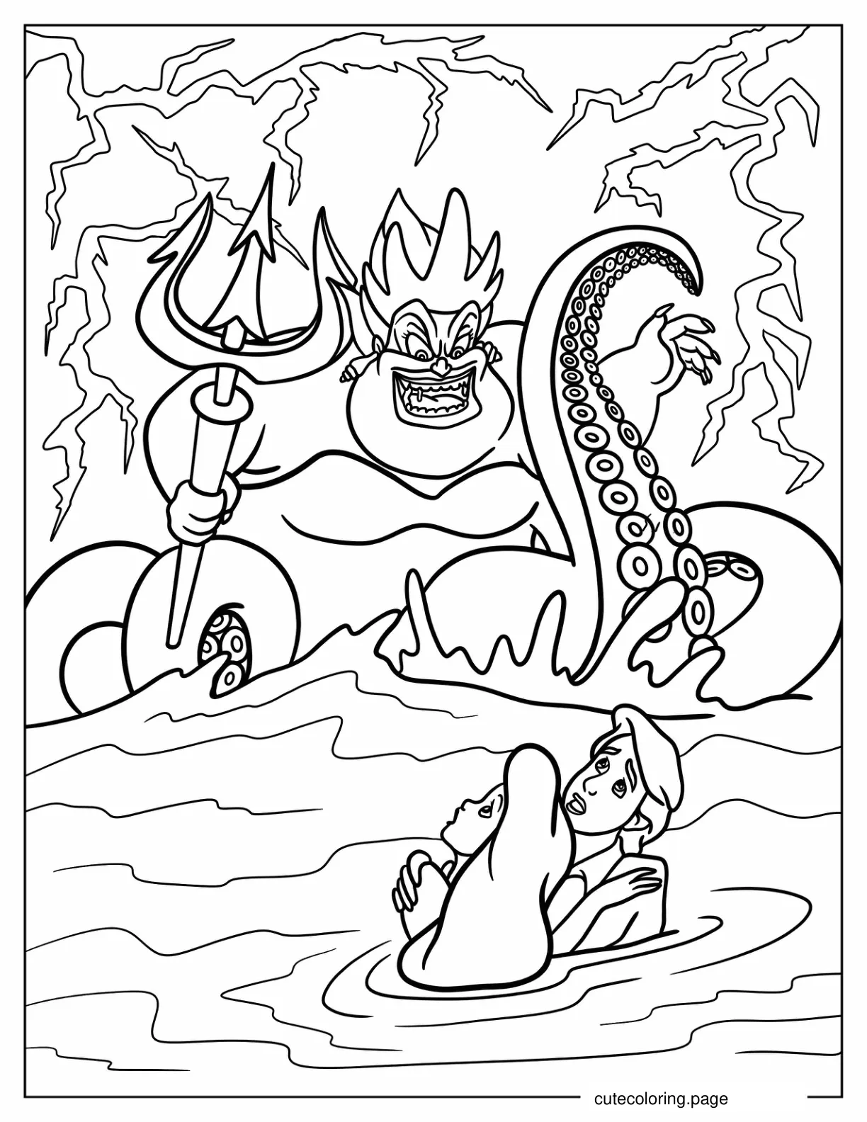 Ursula With Trident Scaring Ariel And Prince Eric Coloring Page coloring page