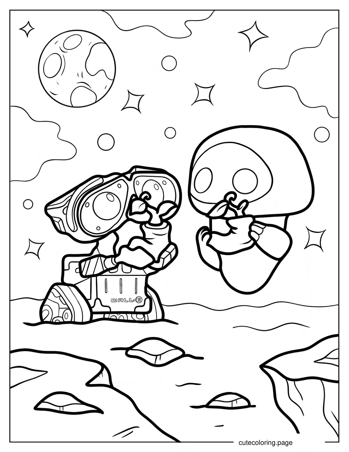 Cute Wall E And Eve Holding Plants Coloring Page coloring page