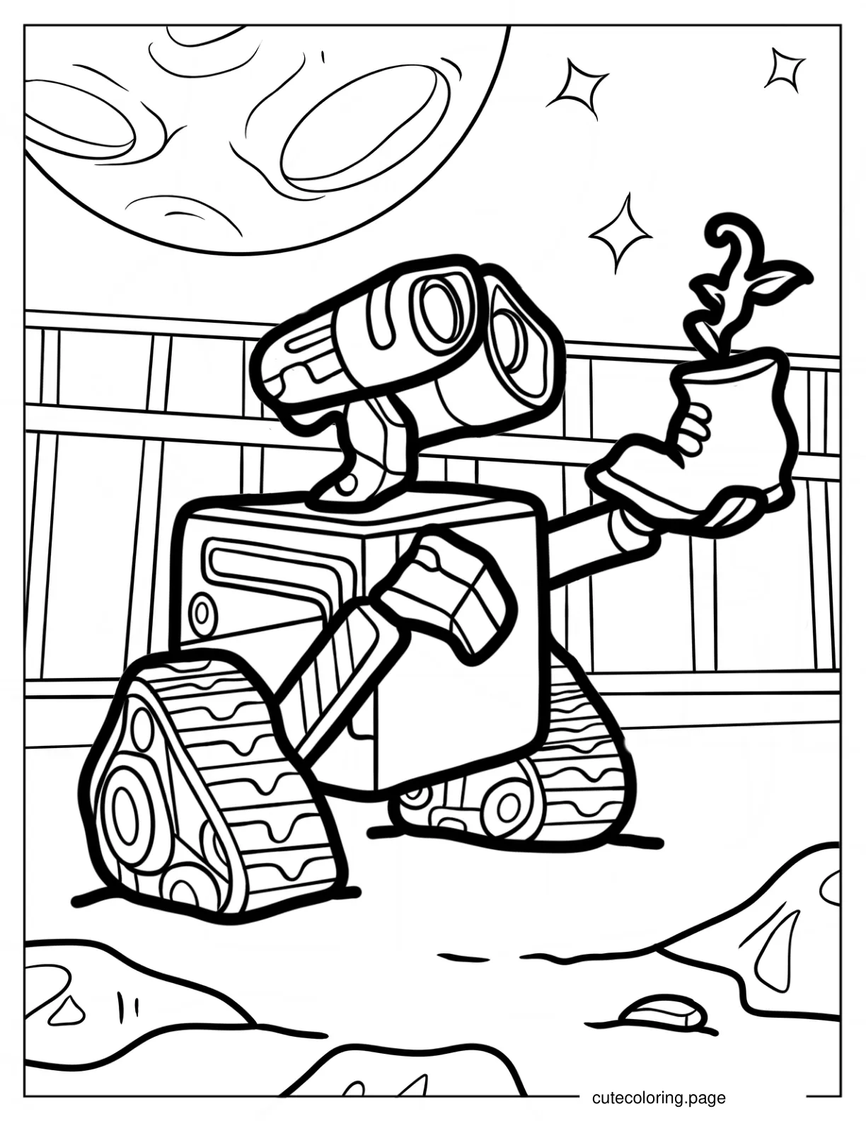 Cute Wall E Holding Up Plant In A Boot Coloring Page coloring page