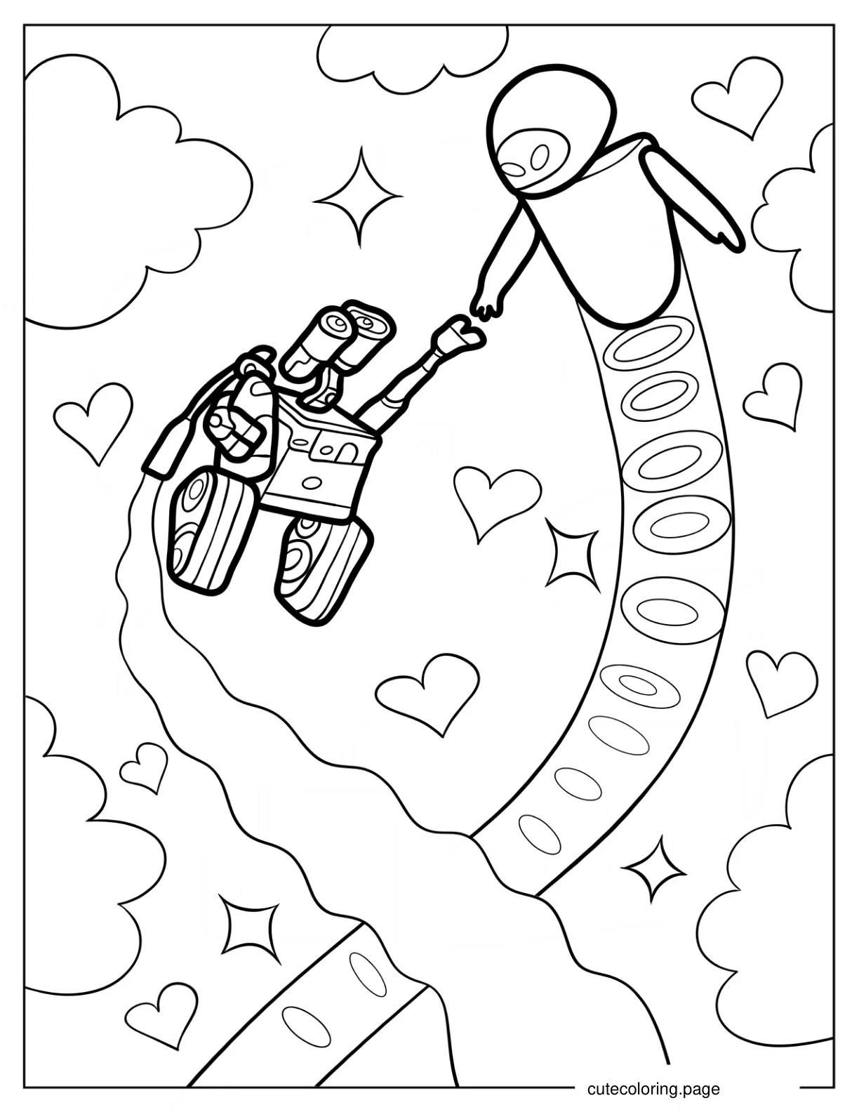 Wall E And Eve Flying Through Space coloring page