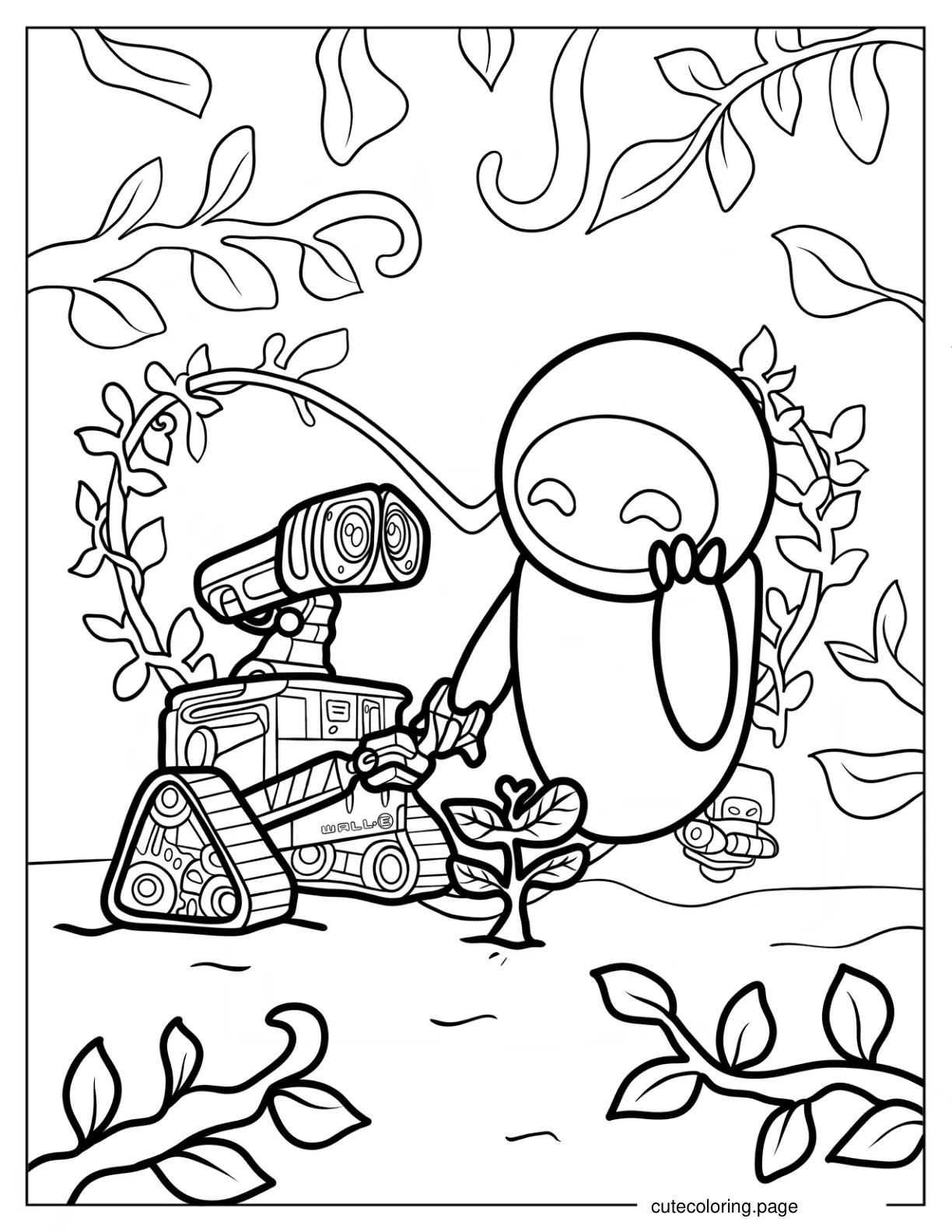 Wall E And Eve Holding Hands In Front Of A Plant coloring page