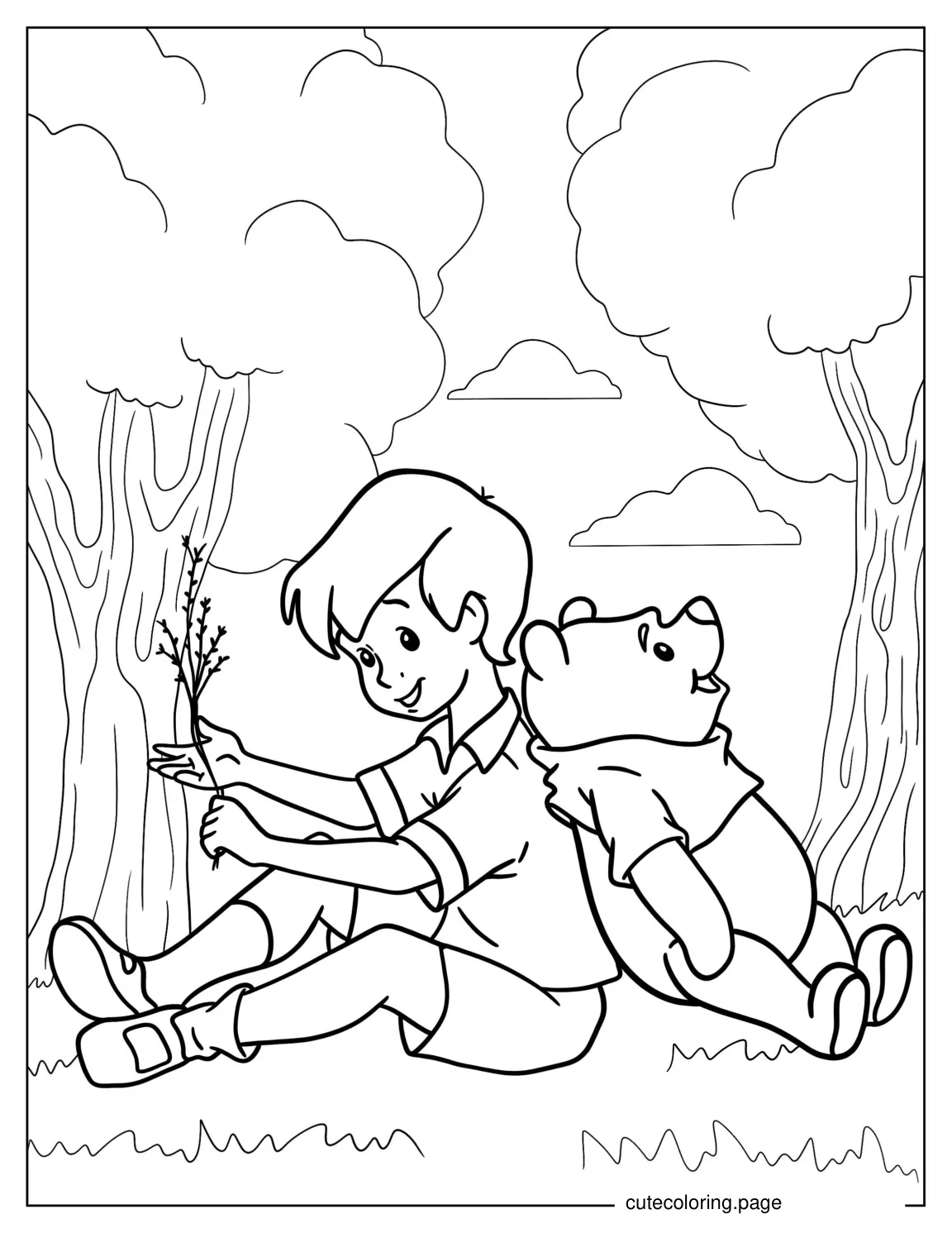 Christoper Robin And Pooh Playing In The Woods coloring page