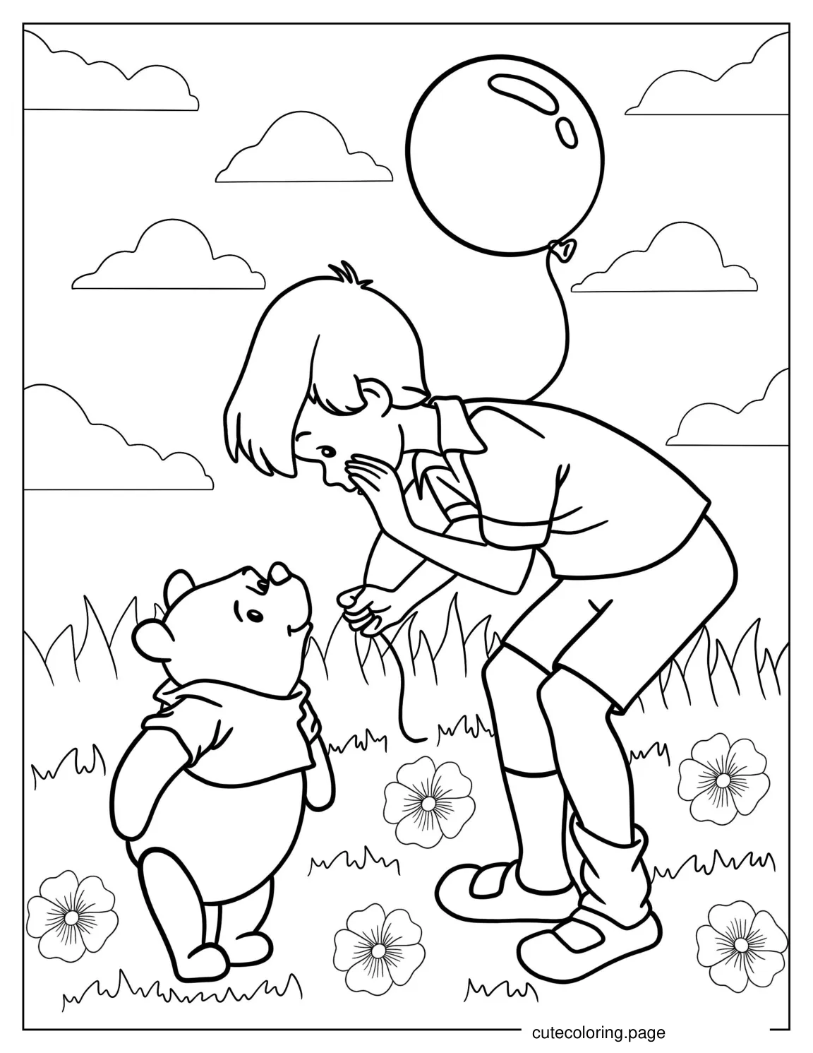 Christoper Robin And Pooh With Balloon coloring page