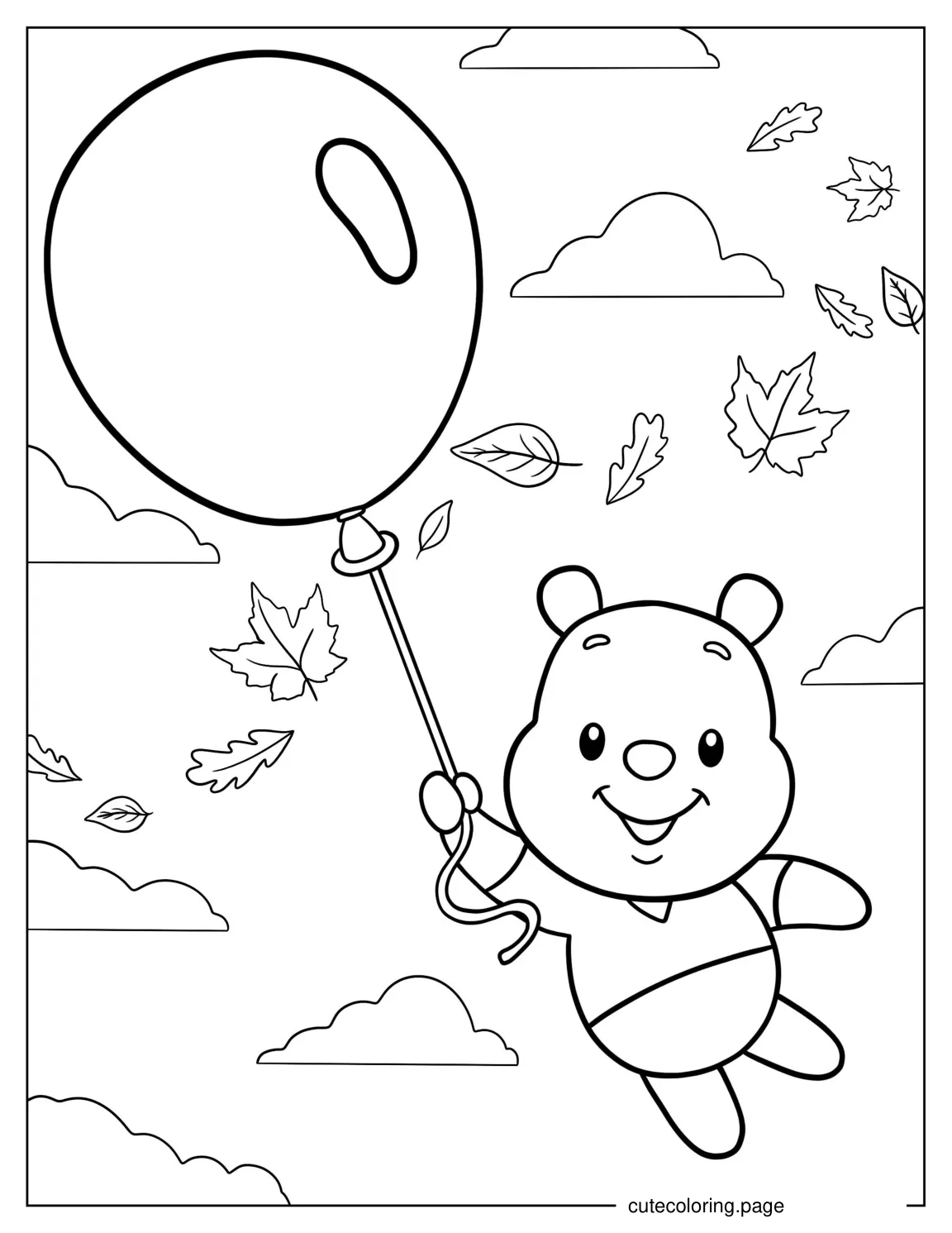 Kawaii Pooh Floating Away With Fall Leaves And Balloon coloring page