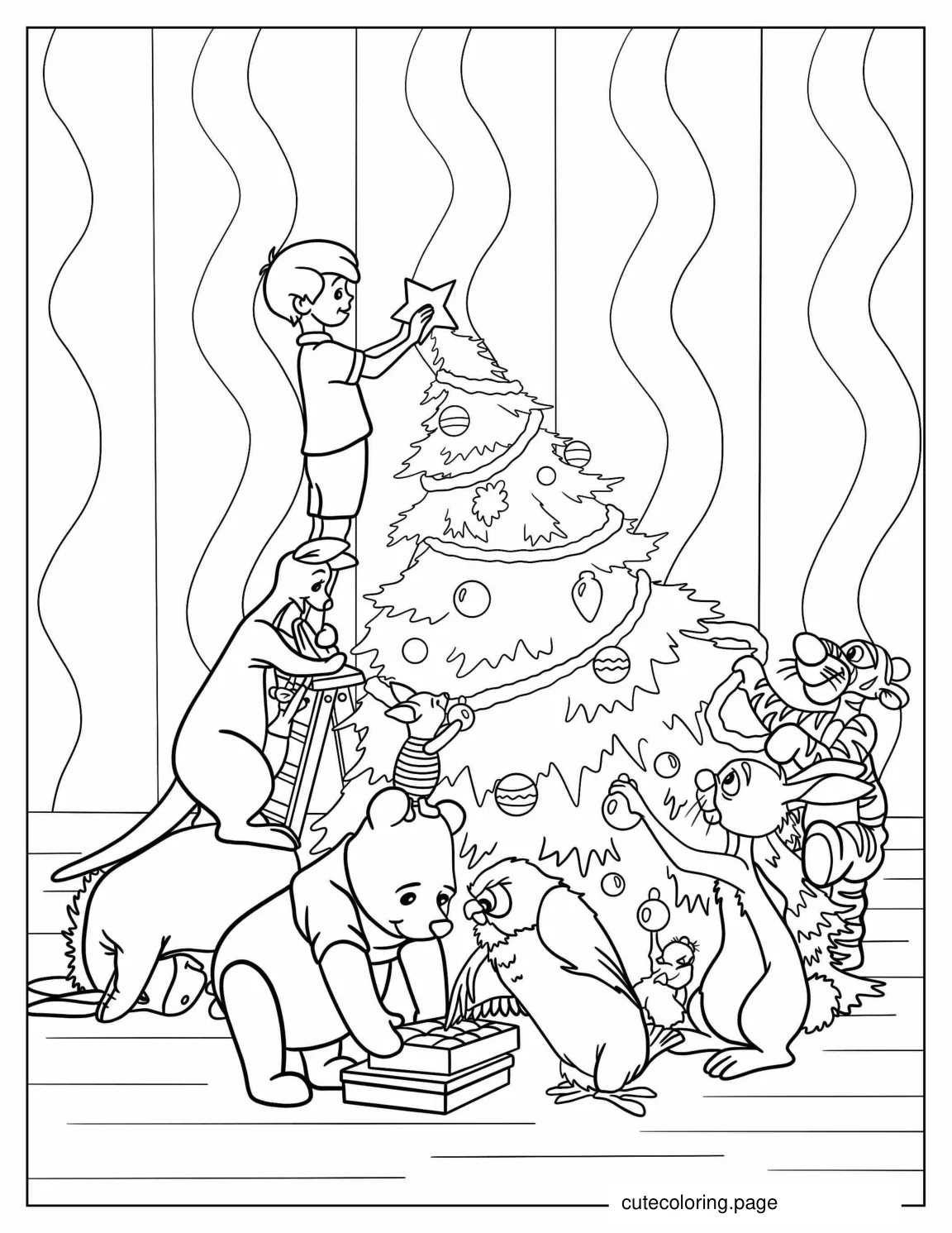 Pooh And Friends Decorate Christmas Tree Coloring Page coloring page