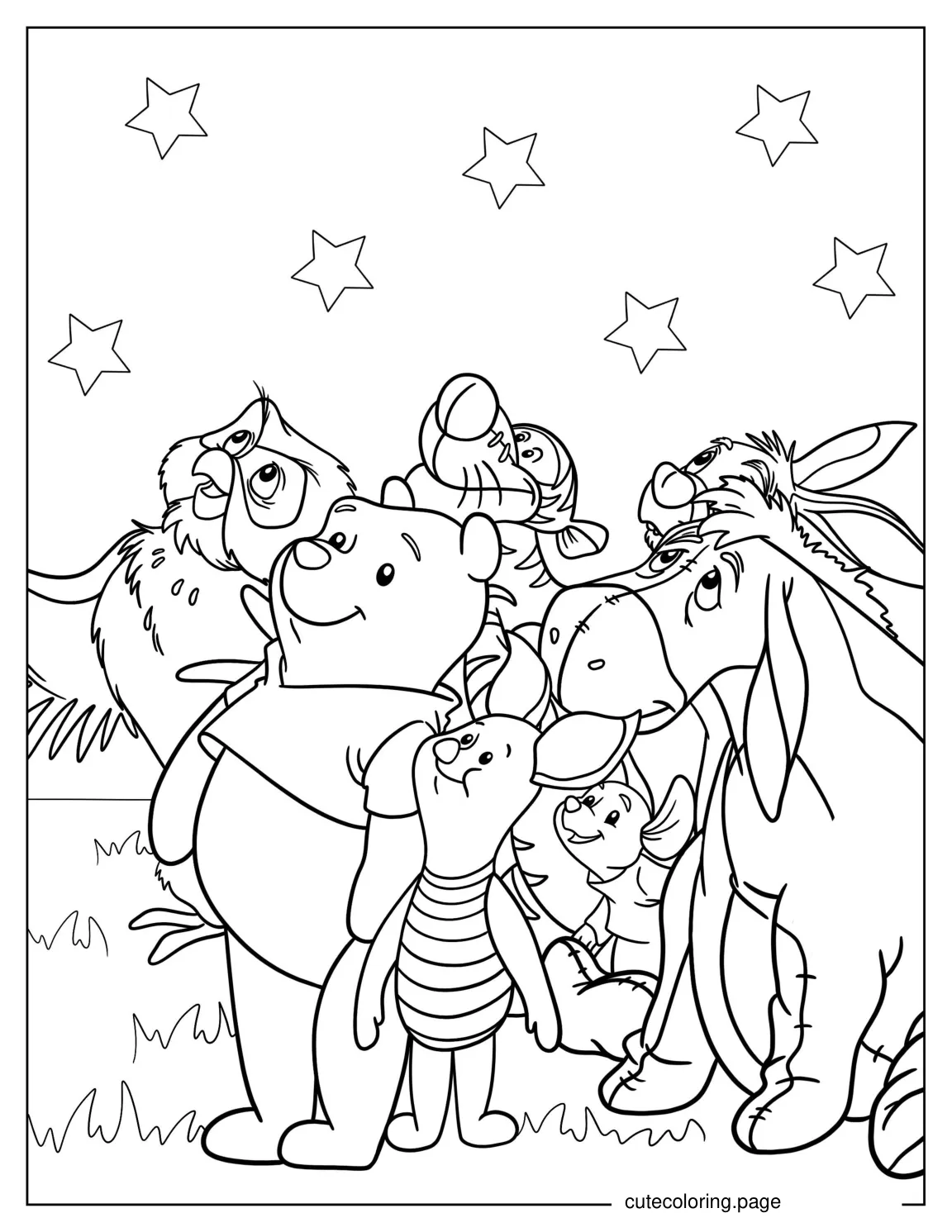 Winnie The Pooh Characters Looking At The Stars coloring page