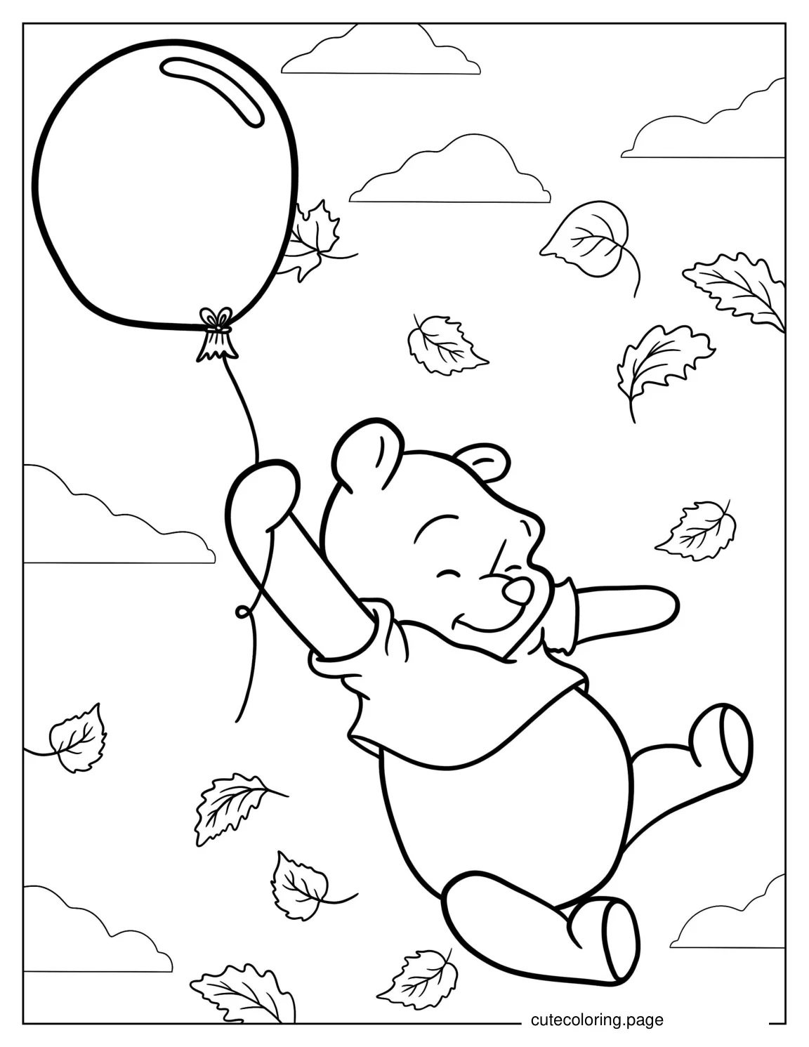 Winnie The Pooh With Balloon And Fall Leaves coloring page