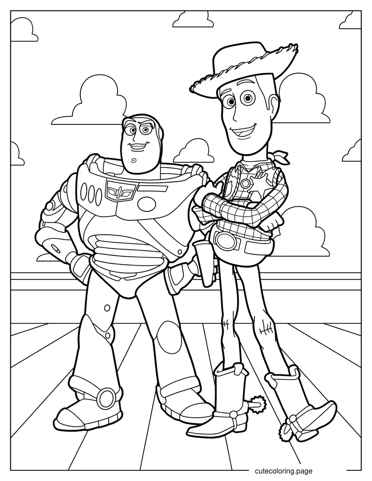 Buzz And Woody In Front Of Cloud Wallpaper Coloring Sheet coloring page