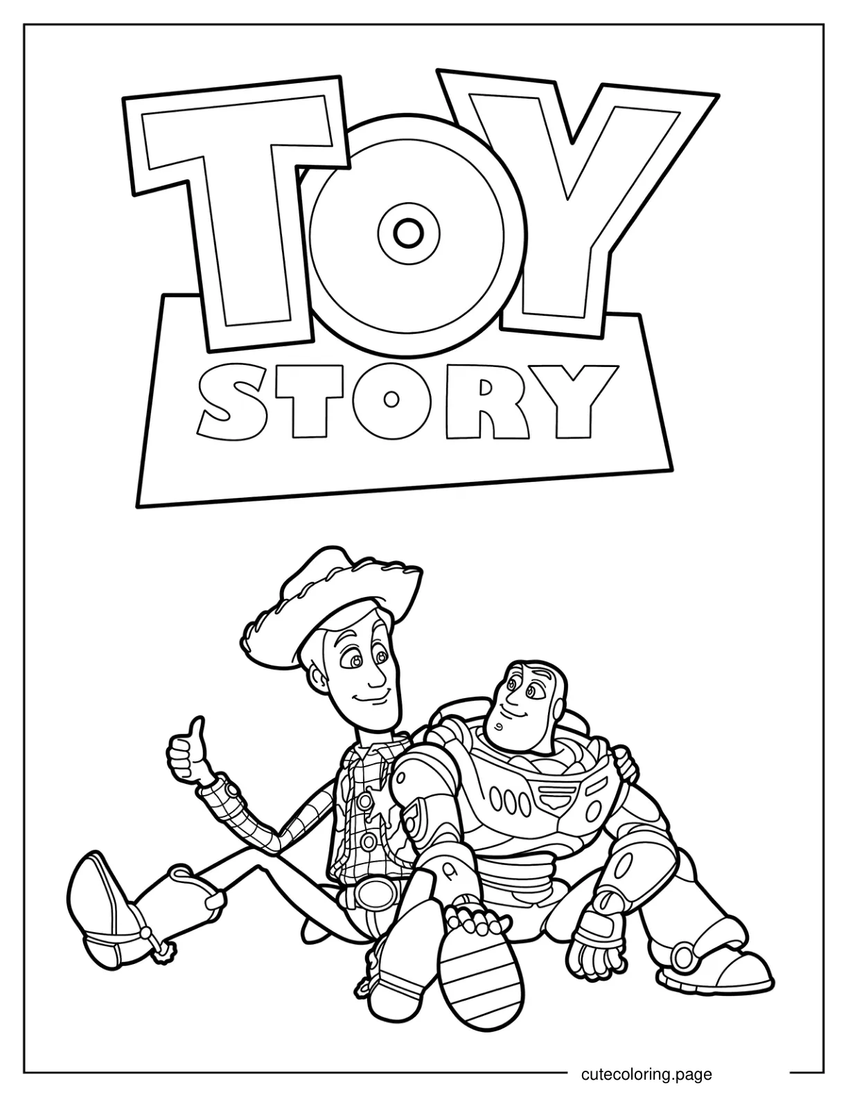 Buzz And Woody Sitting Below Toy Story Logo Coloring Sheet coloring page