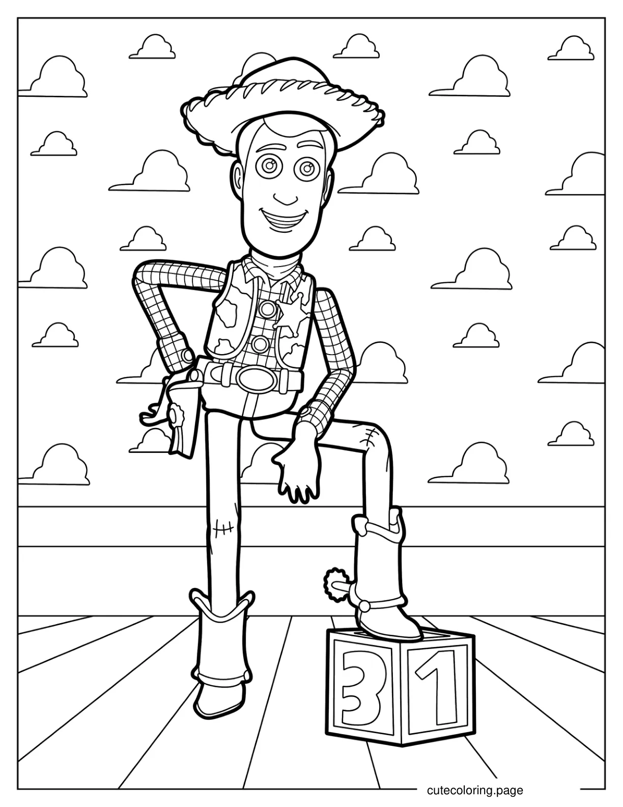 Sheriff Woody Posing With One Leg On Alphabet Block coloring page