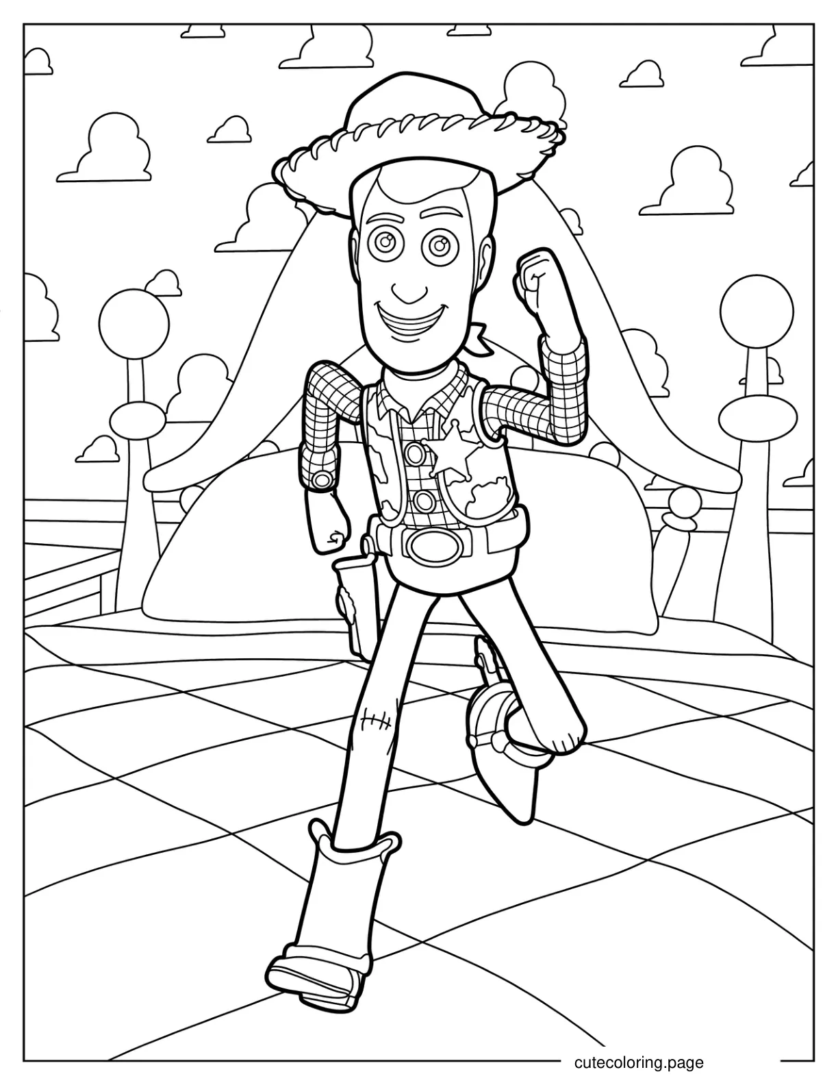 Smiling Woody Running On Andy_s Bed Coloring Page coloring page