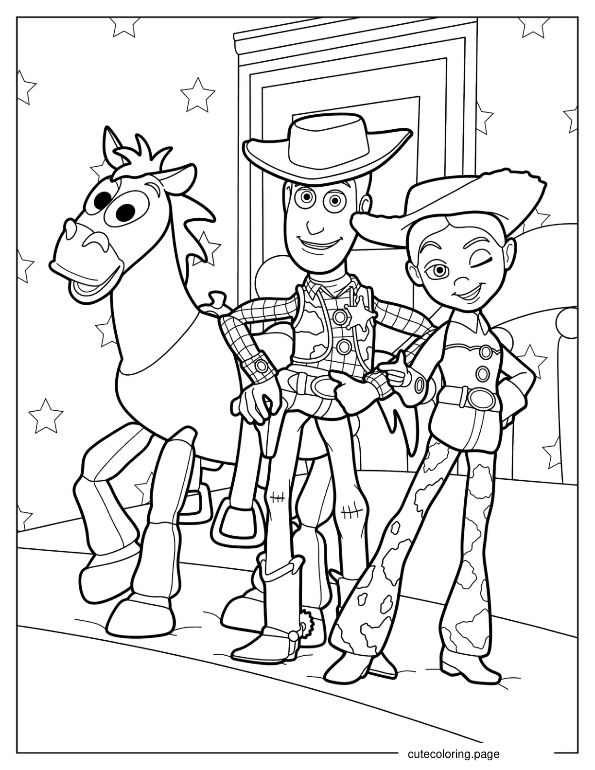 Woody Jessie And Bullseye On Andy_s Bed Coloring Page coloring page