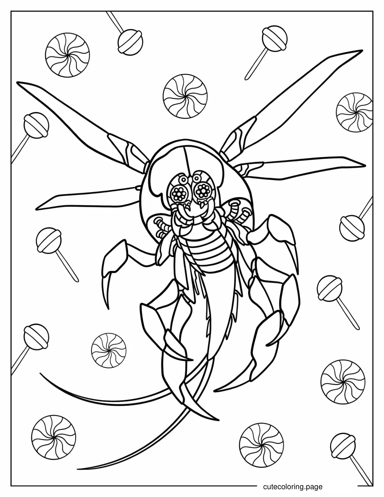 Cy Bug Surrounded By Candies And Lollipops Coloring Sheet coloring page