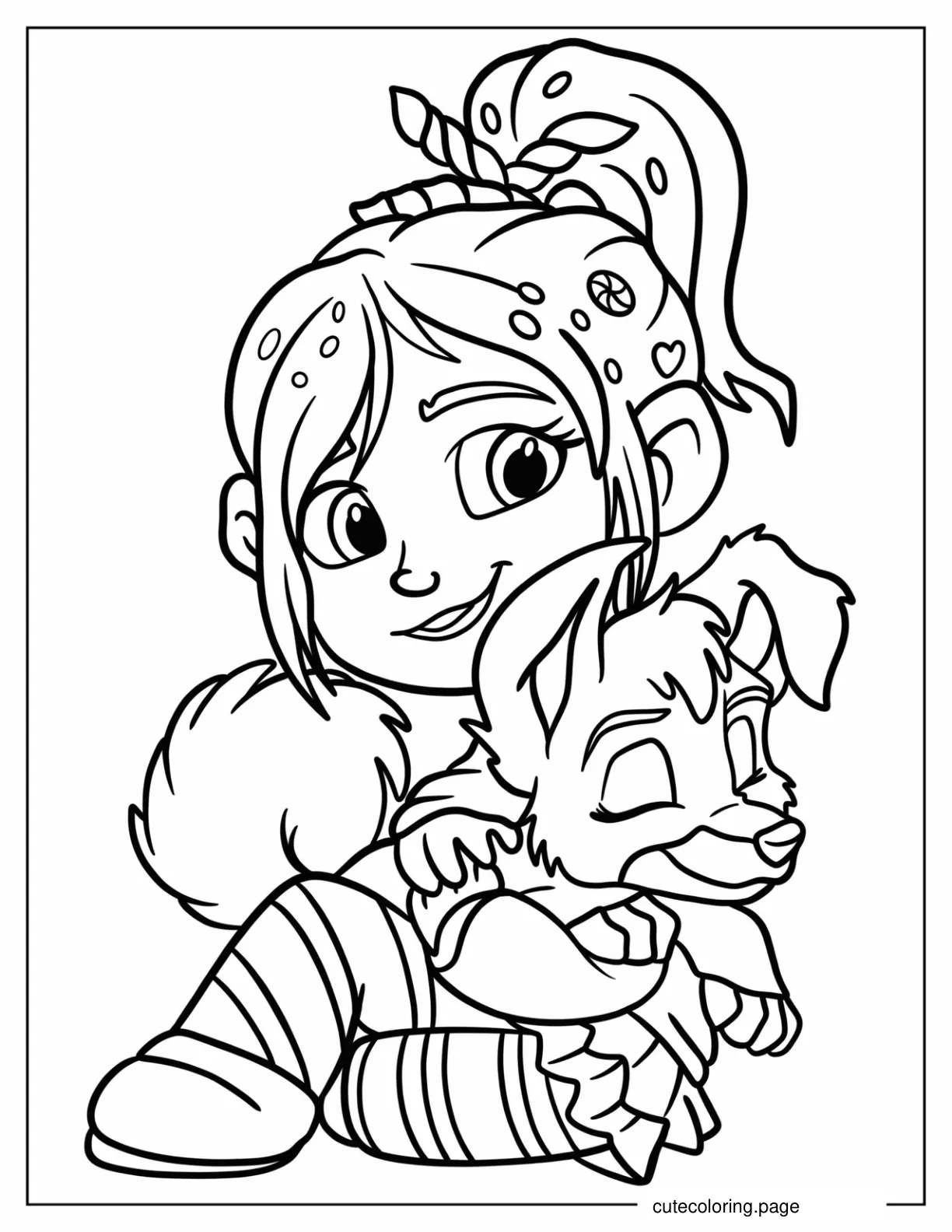 Kawaii Vanellope Hugging A Cute Puppy Coloring Page For Kids coloring page