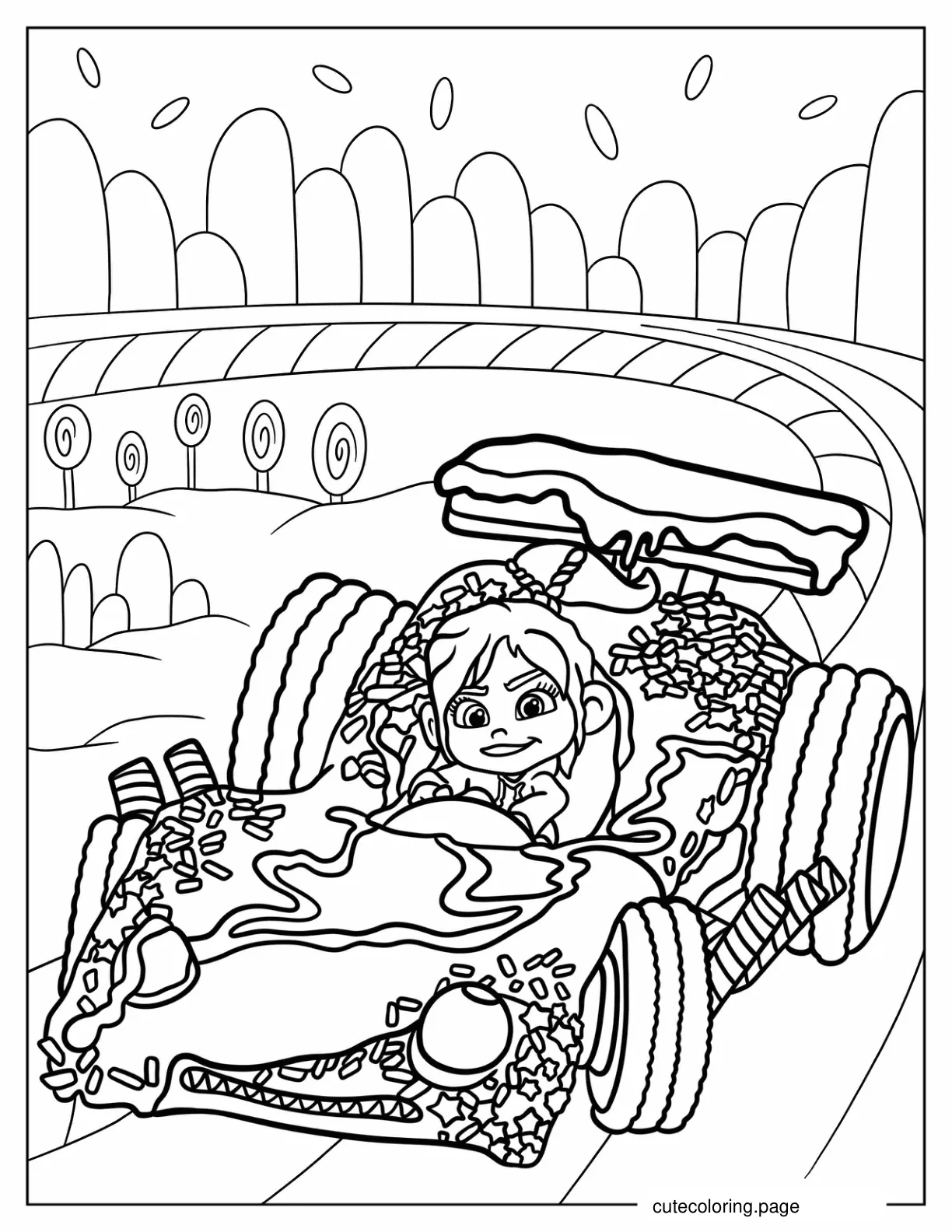 Vanellope Driving Candy Kart Coloring Page For Kids coloring page