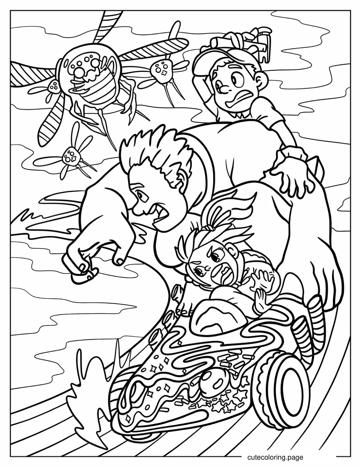 Wreck It Ralph Vanellope And Fix It Felix Riding Candy Kart To Escape Cy Bugs coloring page