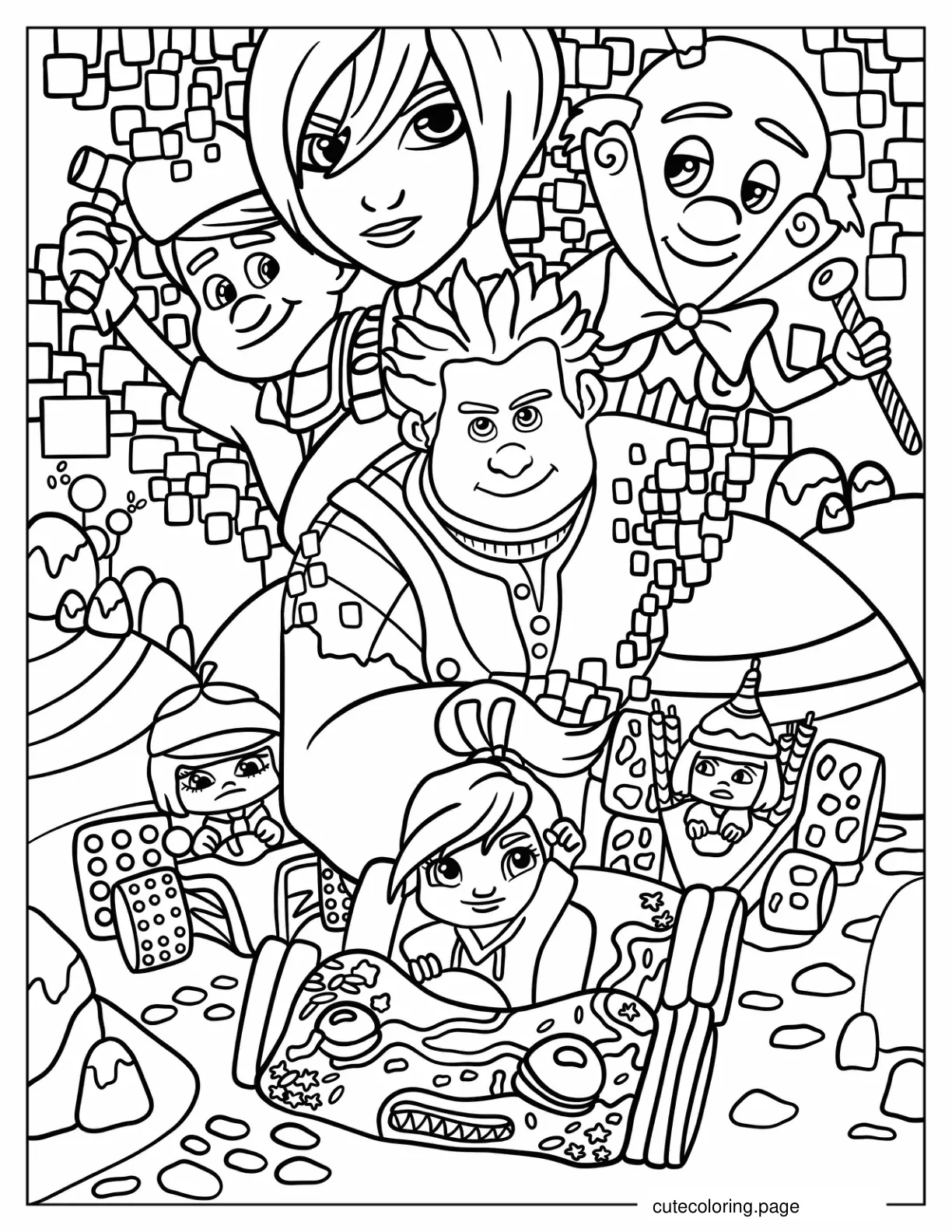 Wreck It Ralph With Sergeant Calhoun Fix It Felix King Candy And Vanellope Taffyta And Candlehead Driving Candy Karts coloring page